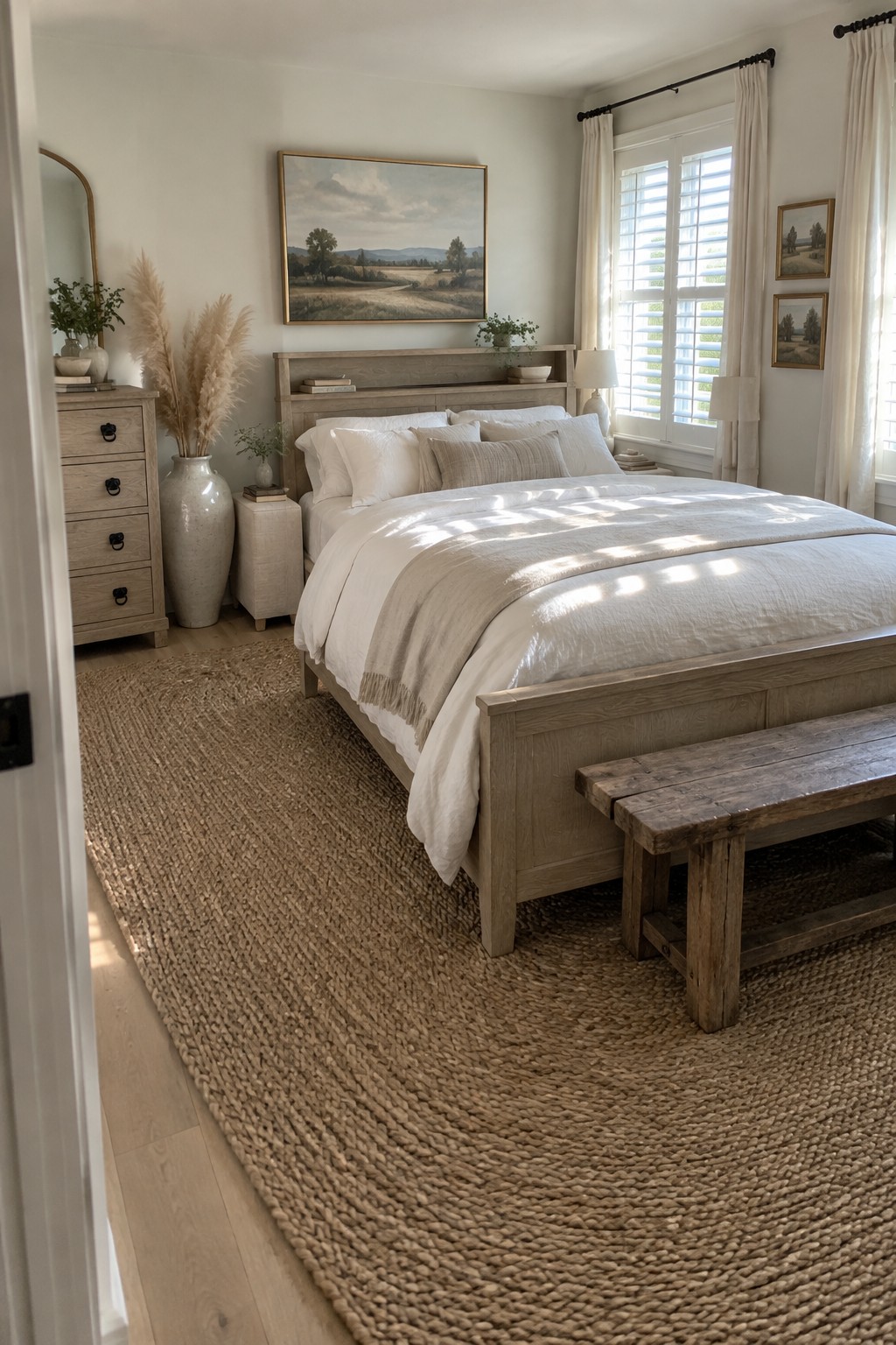 A bedroom with a light wood bed frame, white bedding, matching nightstands and dresser, a wooden bench, and a large woven rug.