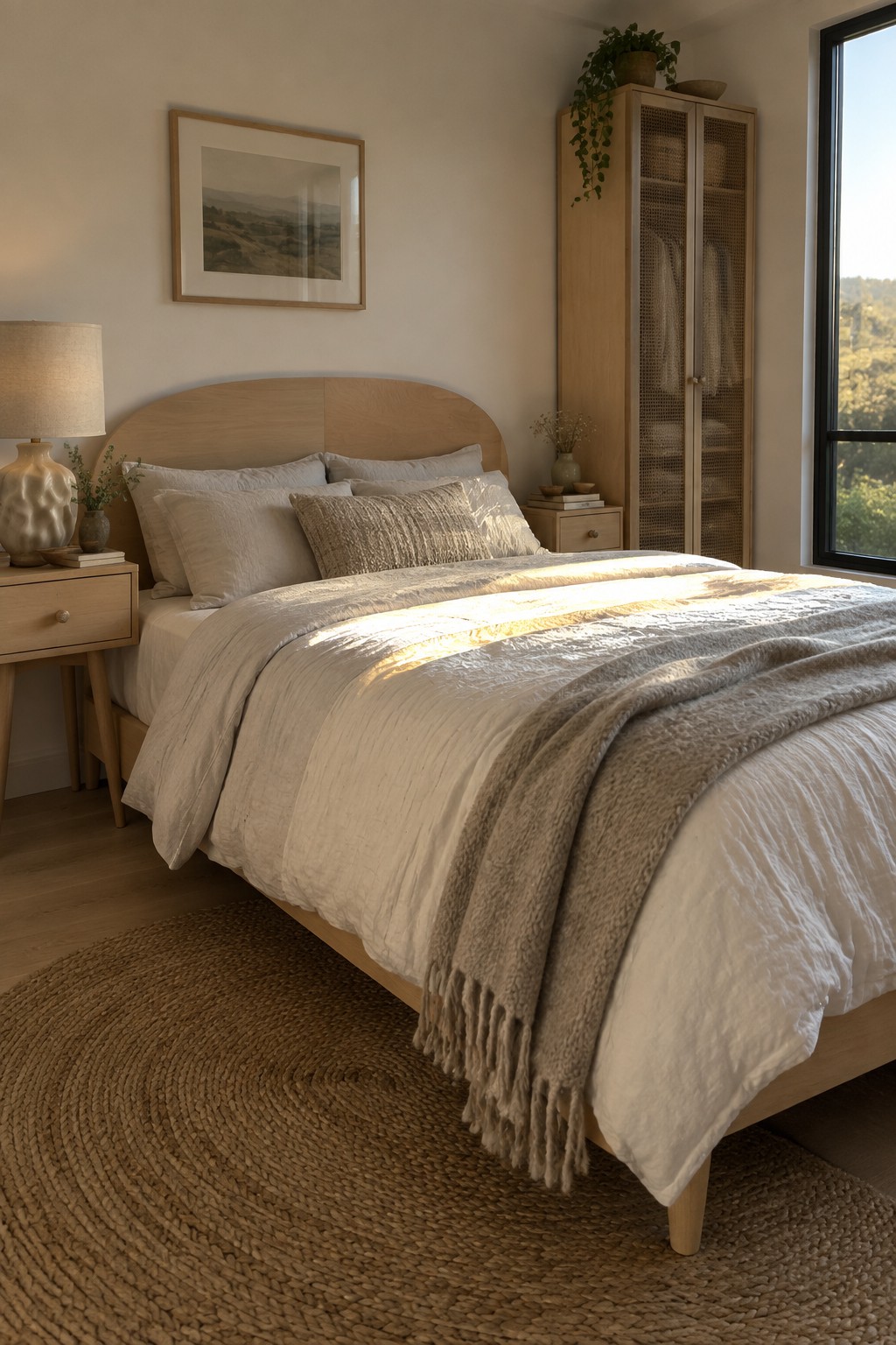 A bedroom with light wood furniture including a bed with a curved headboard, matching nightstands, and a tall cabinet with cane doors, dressed in white and beige linens on a round woven rug.