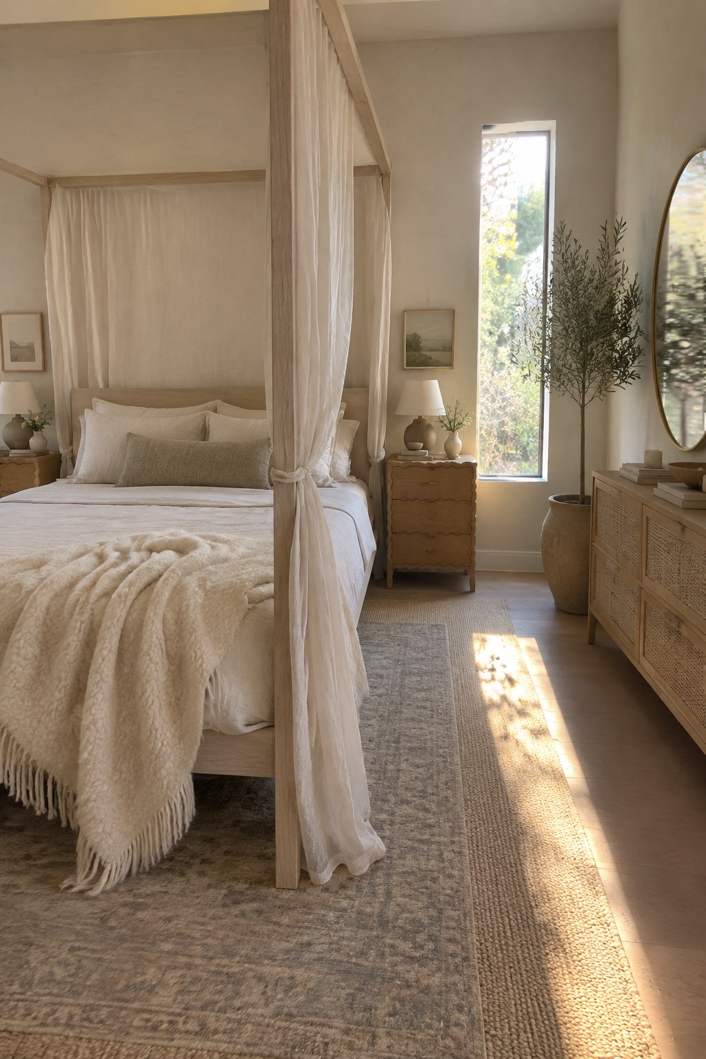 A light wood canopy bed with white sheer curtains and neutral bedding sits in a bright bedroom with a wooden nightstand, dresser, and large window.