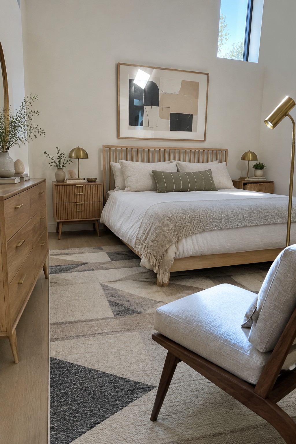 A bedroom with a light wood bed frame, two matching nightstands, a wooden dresser on the left, a low upholstered chair in the foreground, and a large geometric area rug.