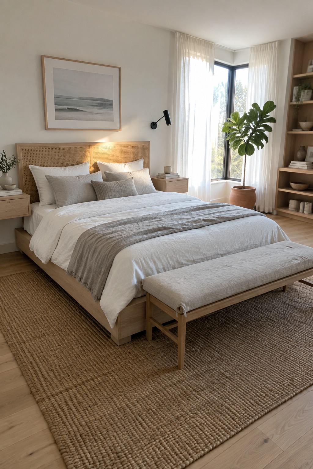 A bright bedroom with light wood bed frame, matching bench, white bedding, and neutral textiles on a woven rug.