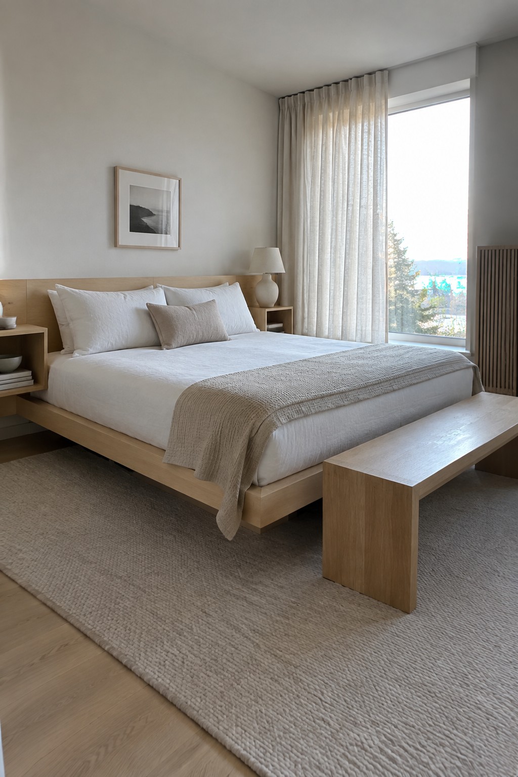 A bedroom with a low light wood platform bed dressed in white linens and a beige throw, a matching wood bench at the foot, and a large window with sheer curtains.