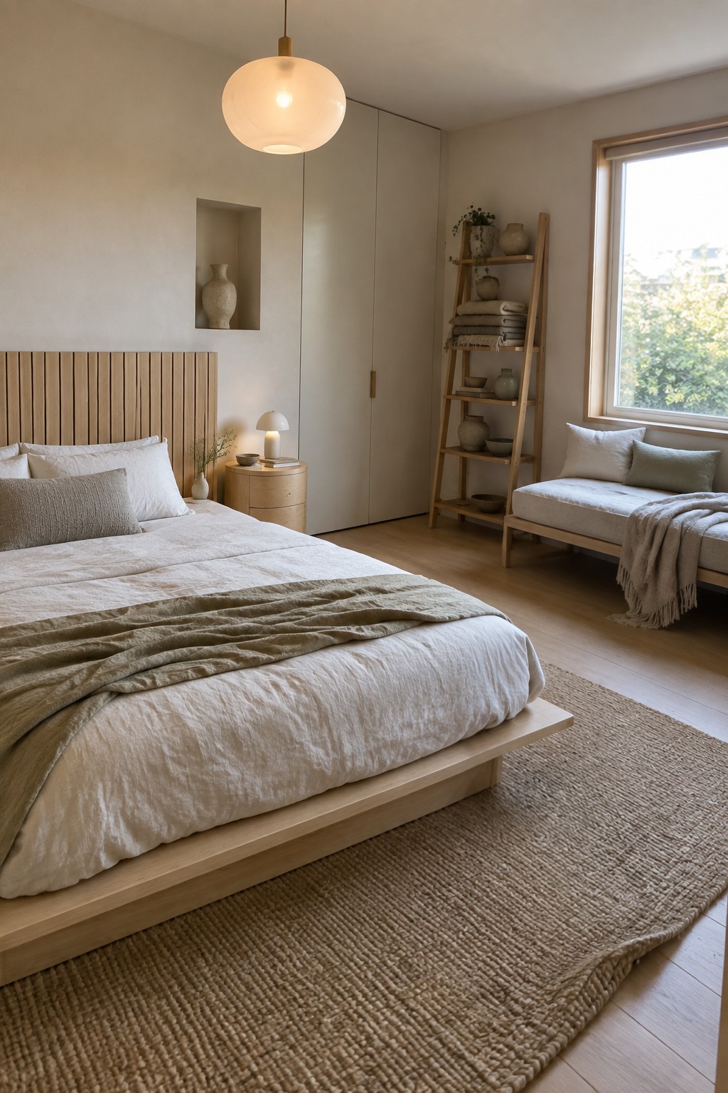 A modern bedroom with a low light wood platform bed dressed in white and olive linens, a round pendant light overhead, and a wooden ladder shelf beside a window.