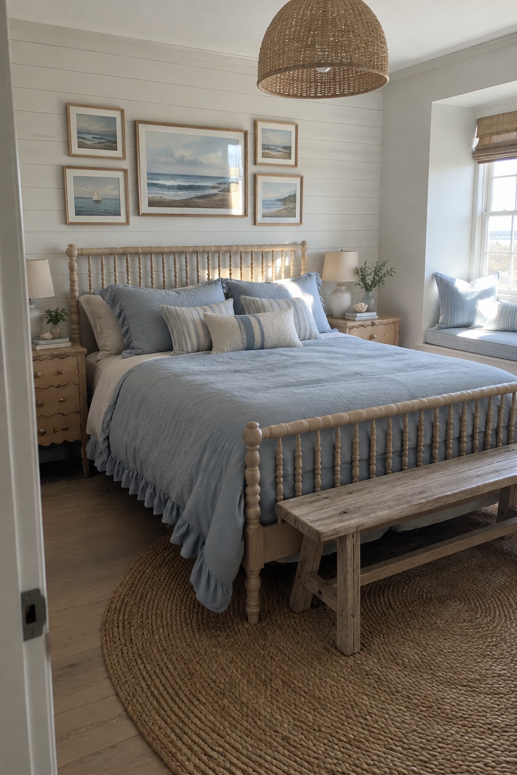 A bedroom with a light wood spindle bed dressed in blue bedding, a wooden bench at the foot, a round jute rug, and ocean artwork on a white shiplap wall.
