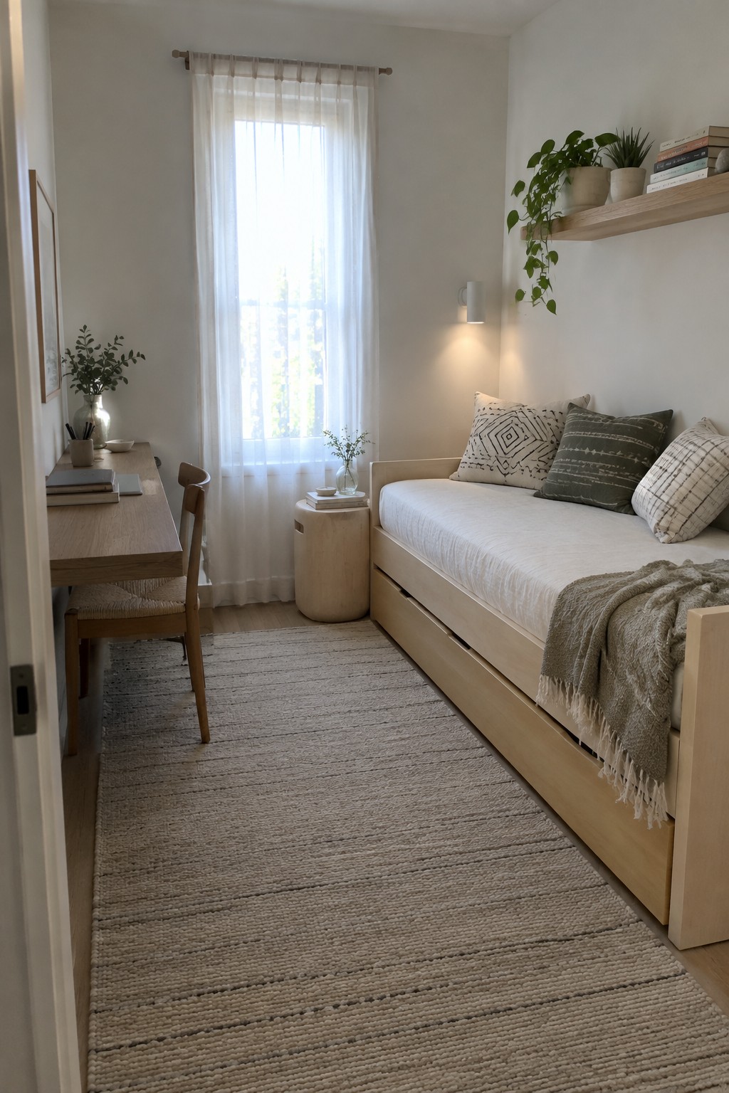 A bedroom with a light wood daybed and trundle, a matching wooden desk and chair, a woven rug, sheer curtains on a window, and a floating shelf with plants and books.