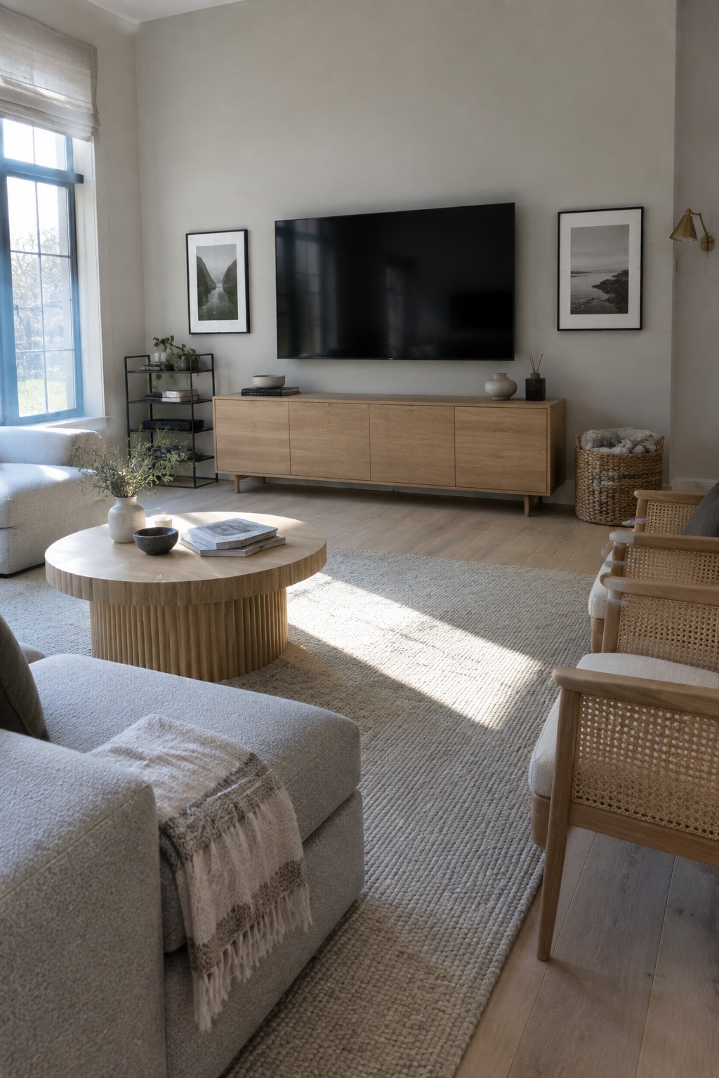 A living room with a wall-mounted flat screen television above a long light wood media console, a round wood coffee table on a woven rug, and neutral upholstered seating.