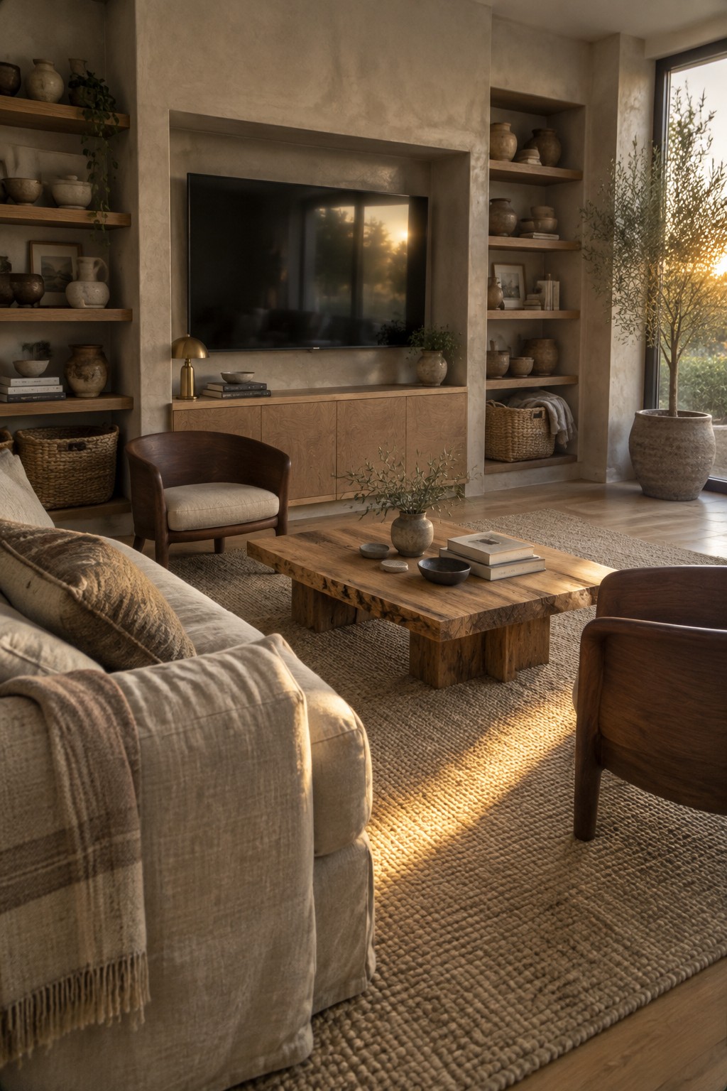 A living room featuring a wall-mounted TV in a recessed niche above a wooden media console, with built-in wooden shelves on both sides holding pottery, books, and small plants, and a rustic wood coffee table on a woven rug in front.