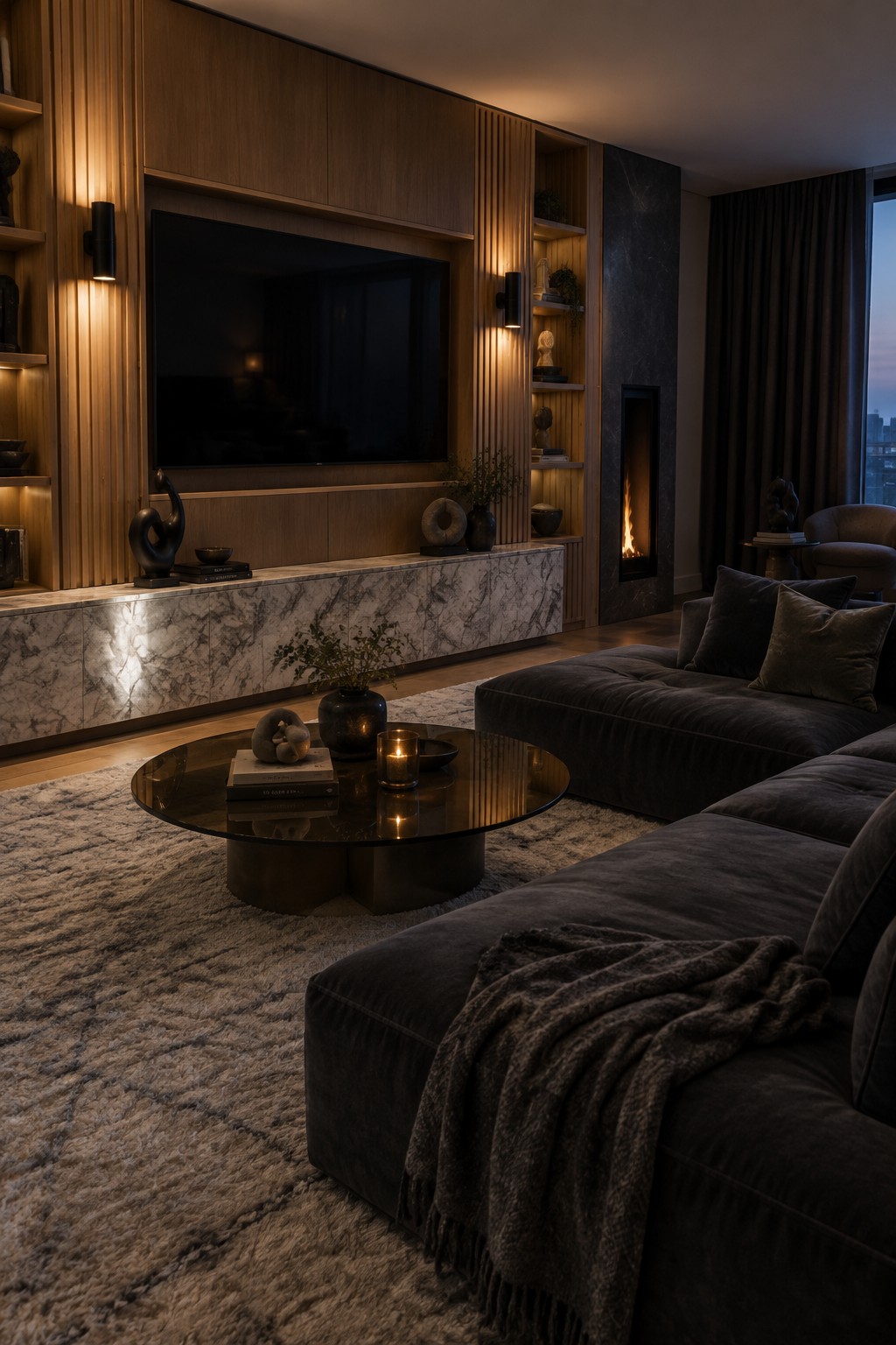 A living room with a television mounted in a wooden built-in wall unit above a marble ledge, next to a lit fireplace, with a dark sectional sofa and round coffee table in front.