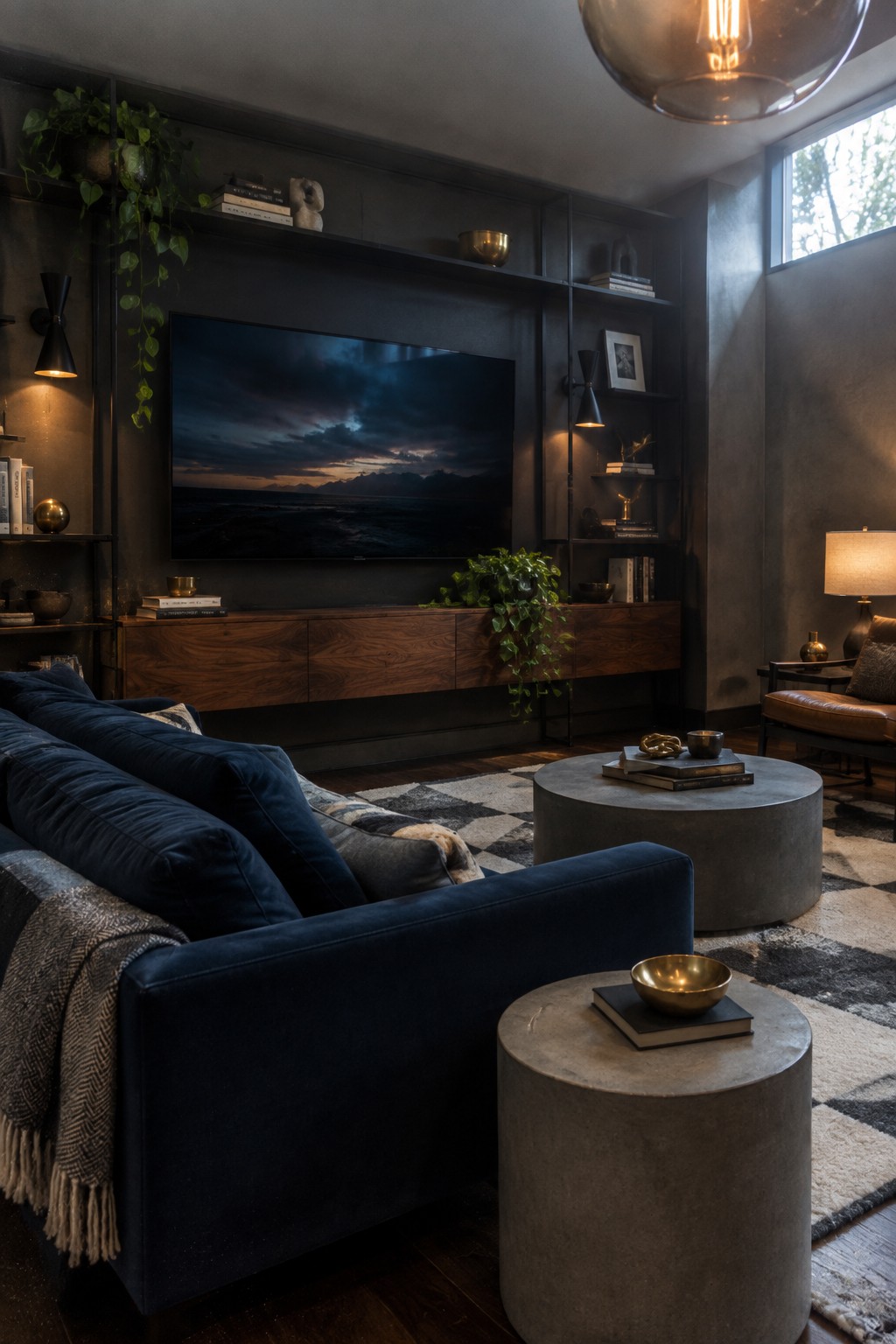 Modern living room with navy velvet sofa, round concrete tables, wooden console, and large TV