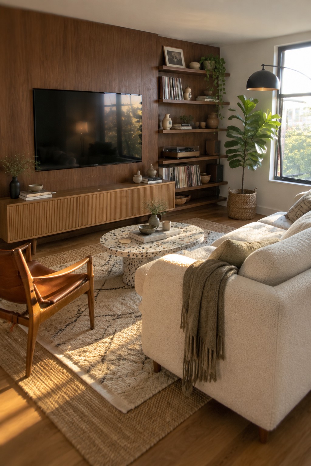 A living room with a flat-screen TV mounted on a wood-paneled wall above a long wooden media console, flanked by built-in shelves holding books, records, and decorative items, with a white sofa and terrazzo coffee table in front.