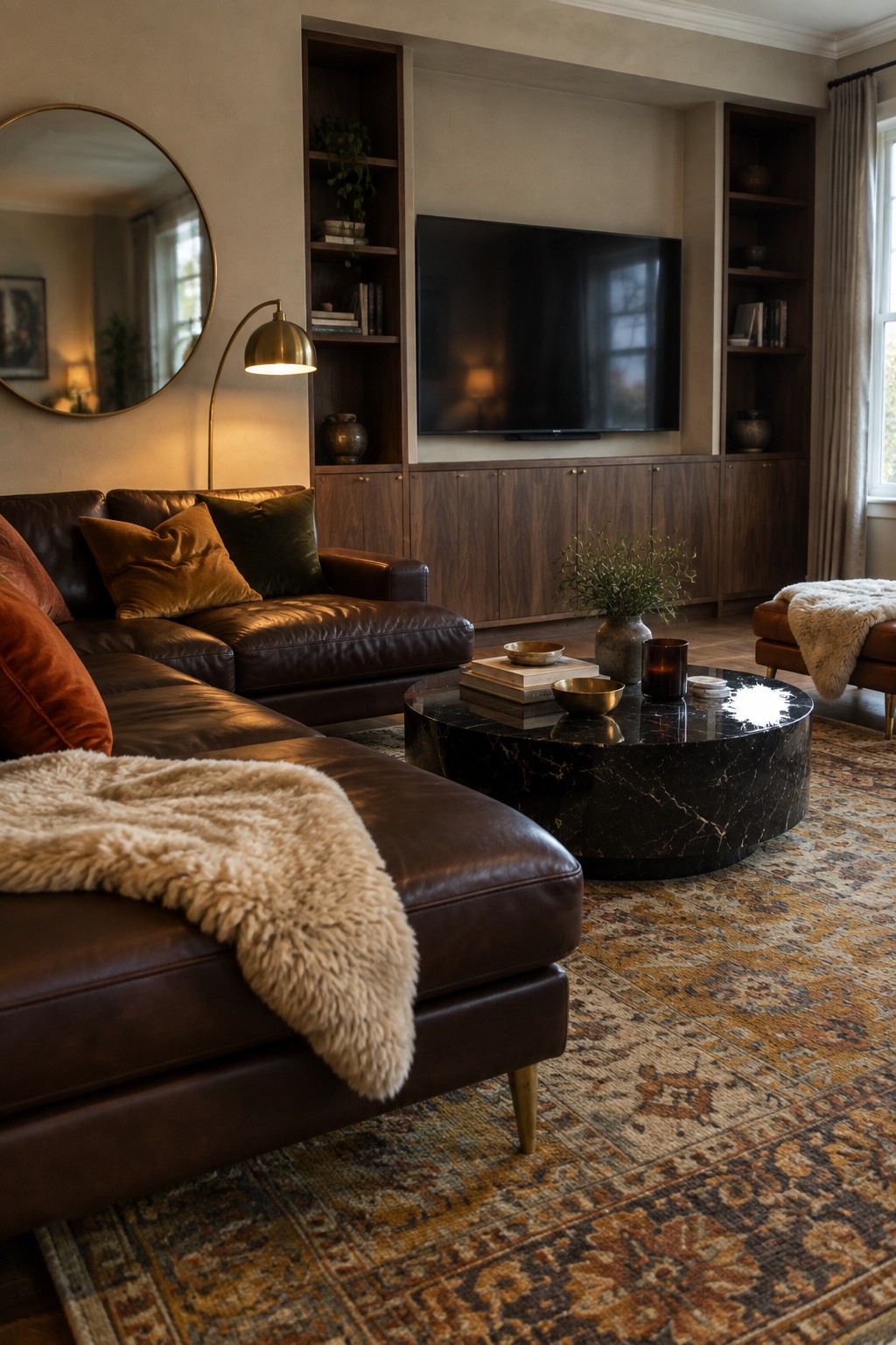 A living room with a large flat-screen TV centered in a dark wood built-in wall unit with open shelves on both sides, a brown leather sectional sofa in the foreground, and a round black marble coffee table on a patterned rug.