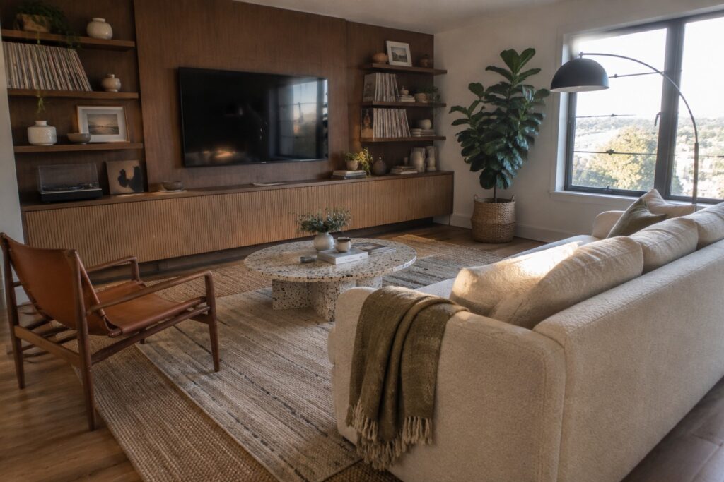 A living room with a flat-screen TV mounted on a wood-paneled wall above a long wooden media console, flanked by built-in shelves holding books, records, and decorative items, with a white sofa and terrazzo coffee table in front.
