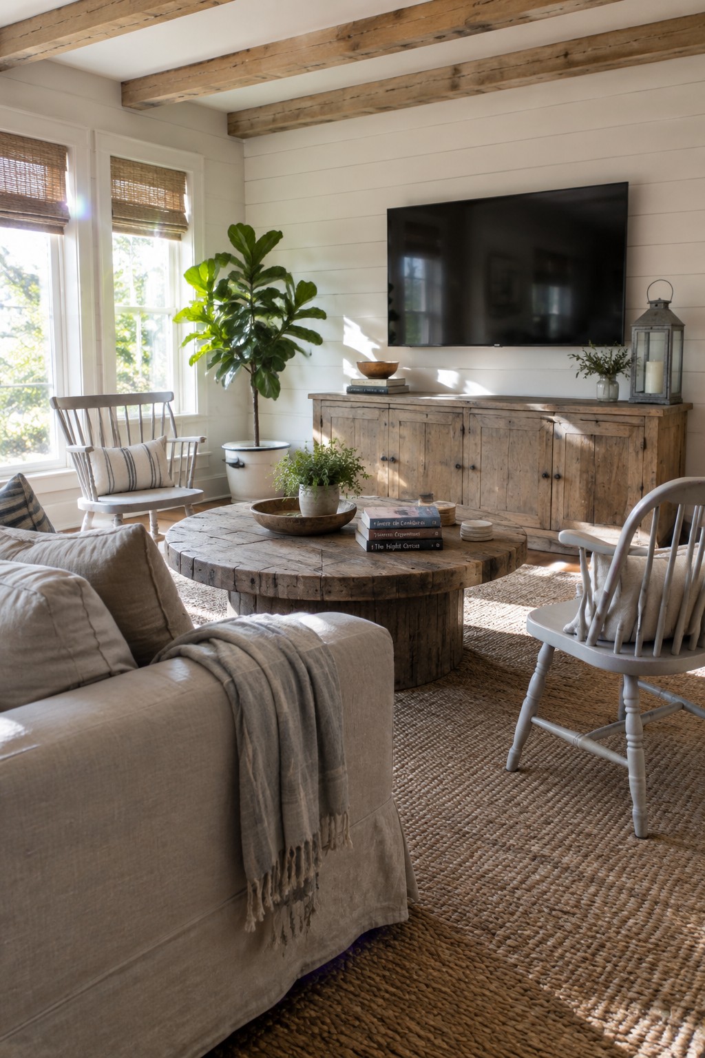 A living room featuring a large round wooden coffee table centered on a woven rug, with a wall-mounted flat screen TV above a rustic wooden console and neutral upholstered seating arranged around the table.