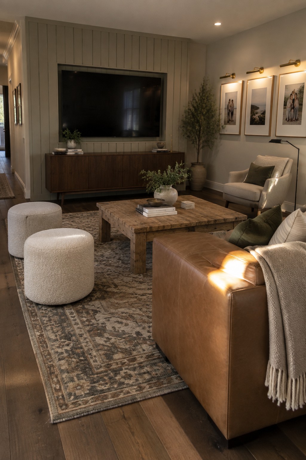 A living room featuring a large wall-mounted TV above a dark wood media console, with a wooden coffee table, brown leather sofa, and two white ottomans arranged on a patterned area rug.
