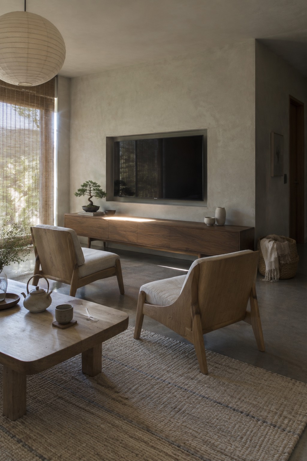 Minimalist living room with wooden armchairs, low table, media console, and bonsai.