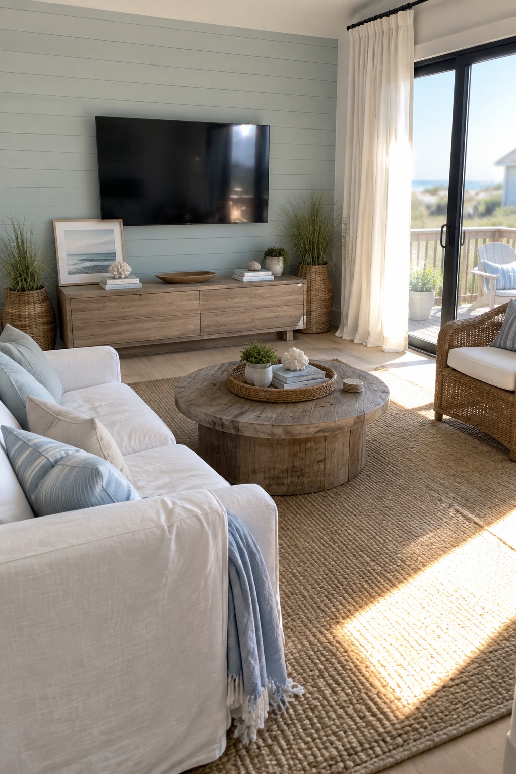 A living room with a wall-mounted TV above a long wooden media console on a light blue paneled wall, white sofa with blue pillows, round wood coffee table on a jute rug, and a sliding glass door to the outside.