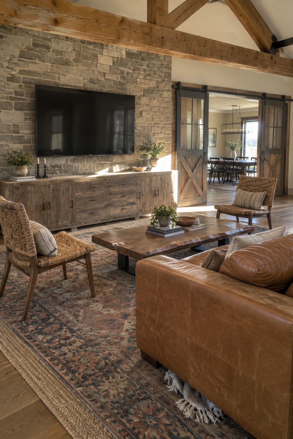 A living room featuring a large flat-screen TV mounted on a stone wall above a long wooden media console, with a brown leather sofa, woven chairs, and a coffee table on a patterned area rug.