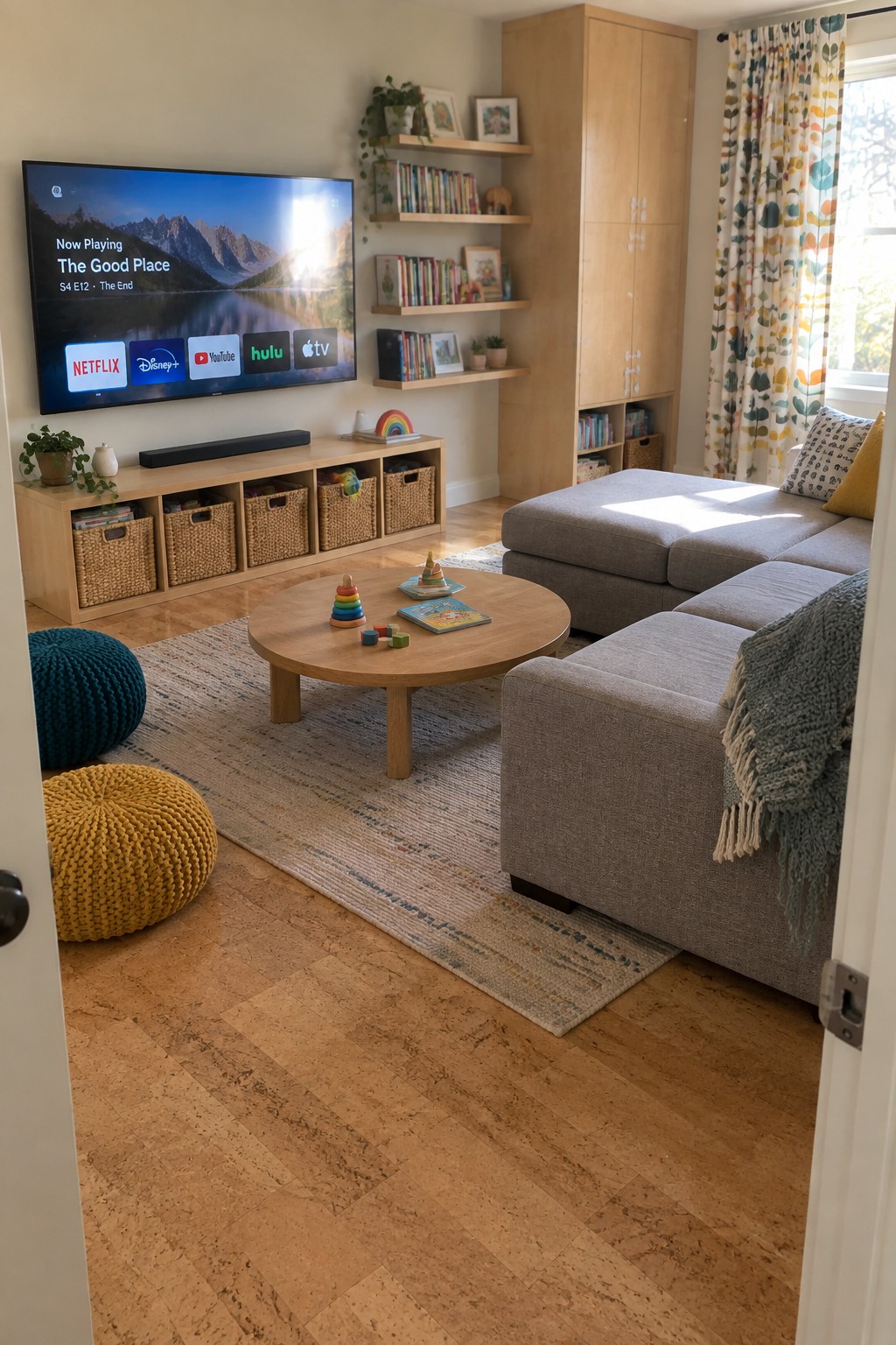 A living room with a wall-mounted TV above a light wood media console holding woven storage baskets, a gray sectional sofa, round coffee table, and area rug over cork flooring.