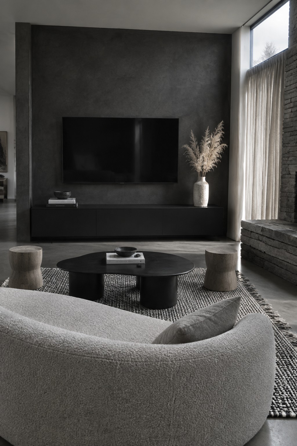 Modern living room with a large flat-screen TV mounted on a dark textured wall above a long low black media console, a round black coffee table on a woven rug, and part of a curved gray sofa visible in the foreground.
