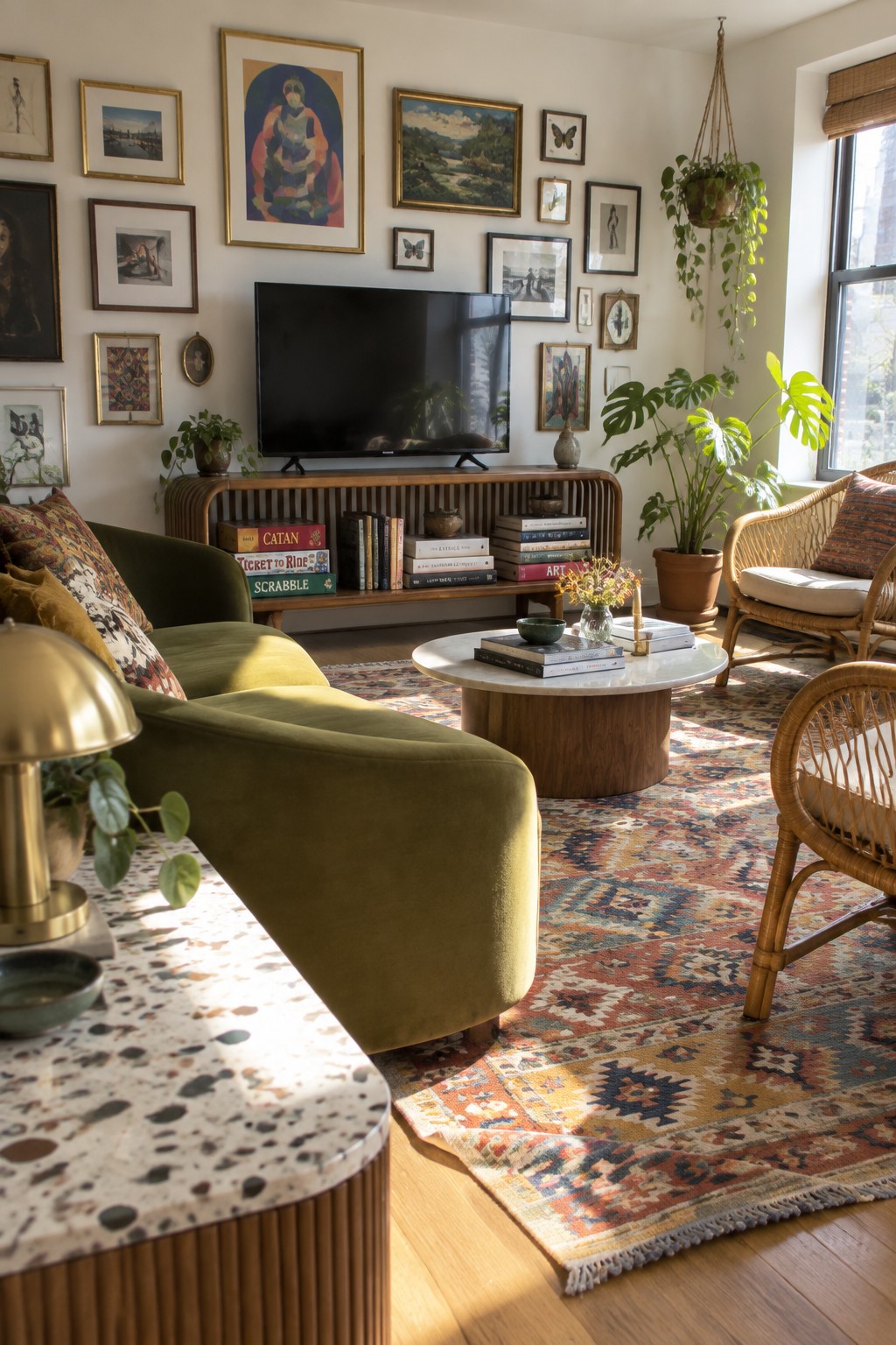 A living room with a television on a wooden slatted media console, a gallery wall above it, a green sofa, a round coffee table, and two rattan chairs on a patterned rug.