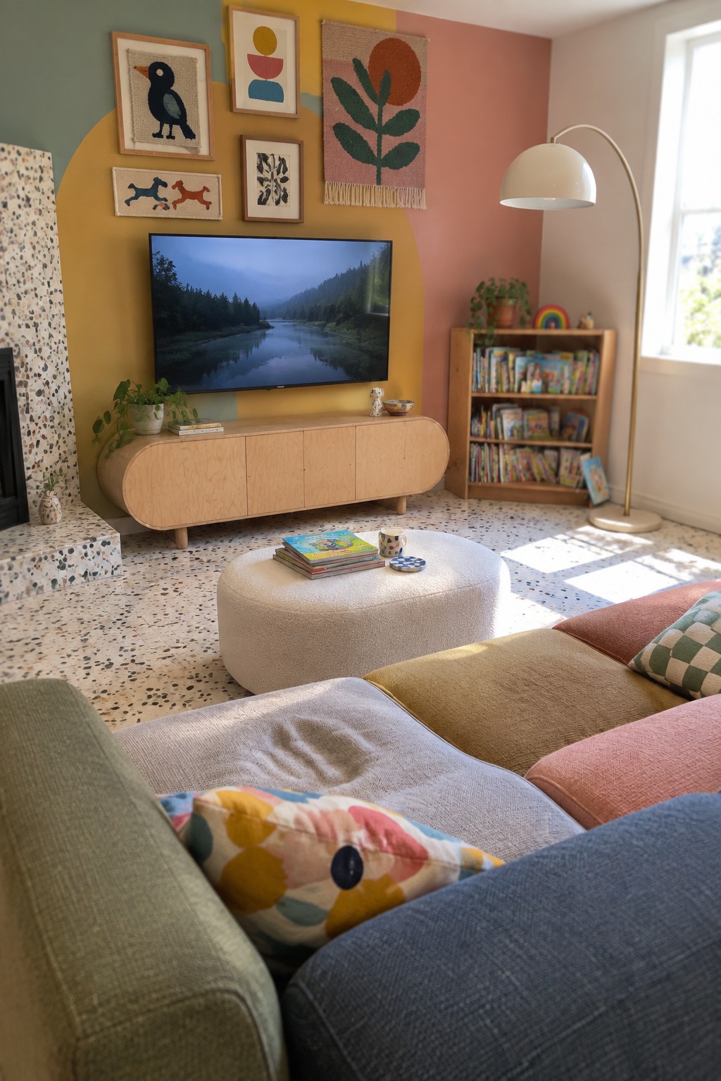 Colorful living room with arched yellow wall, TV console, and vibrant sofa