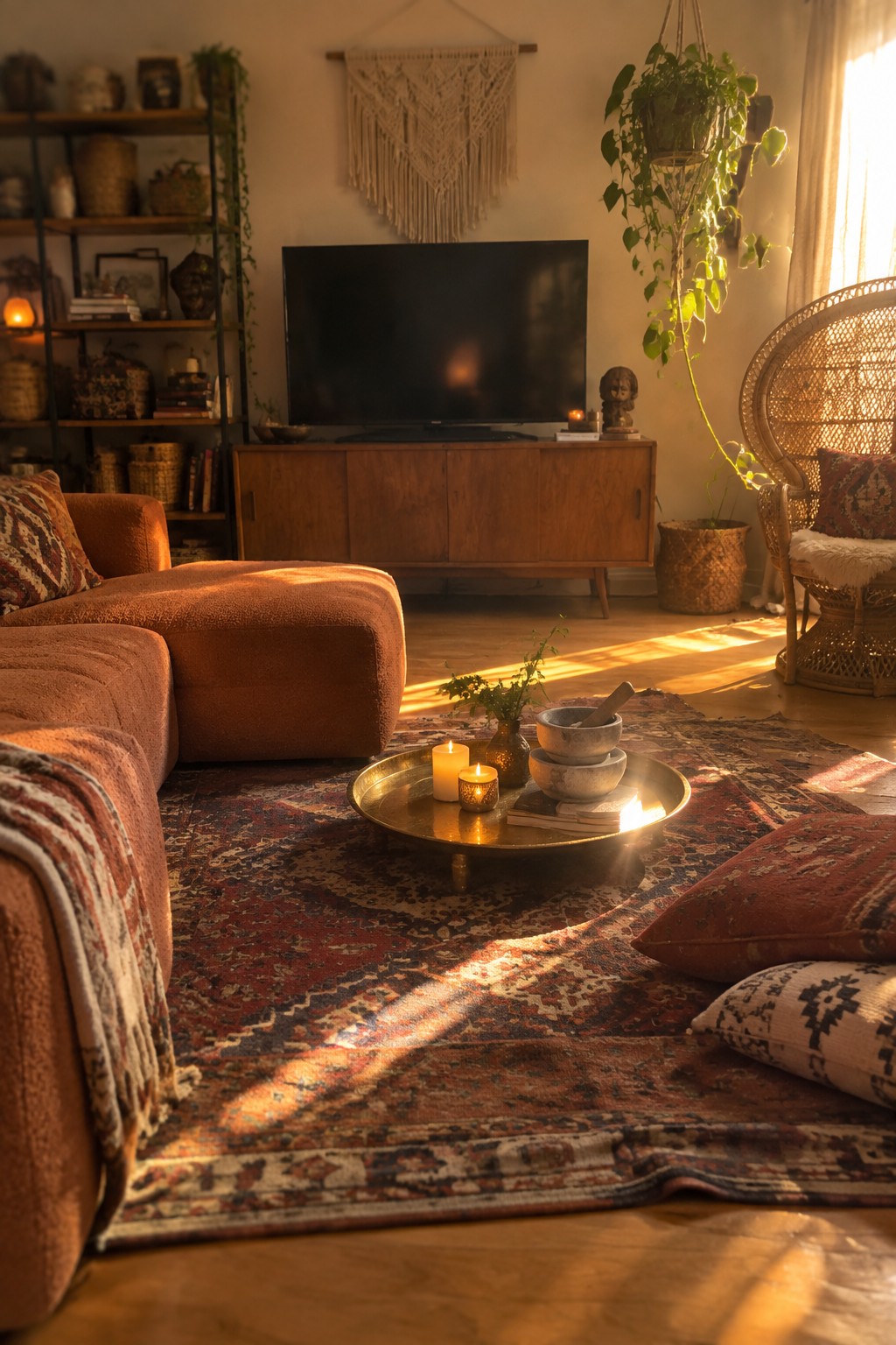 Cozy bohemian living room with orange sofa, macrame wall hanging, and sunlit rug