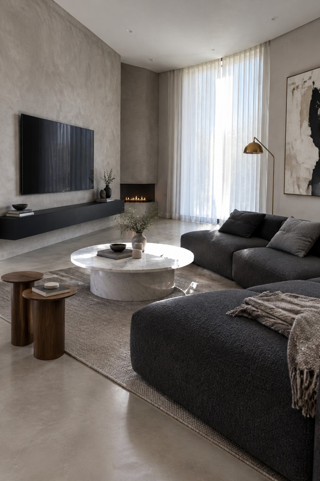 A modern living room showing a wall-mounted flat screen television above a long black floating media console, with a large dark sectional sofa facing it across a round marble coffee table.
