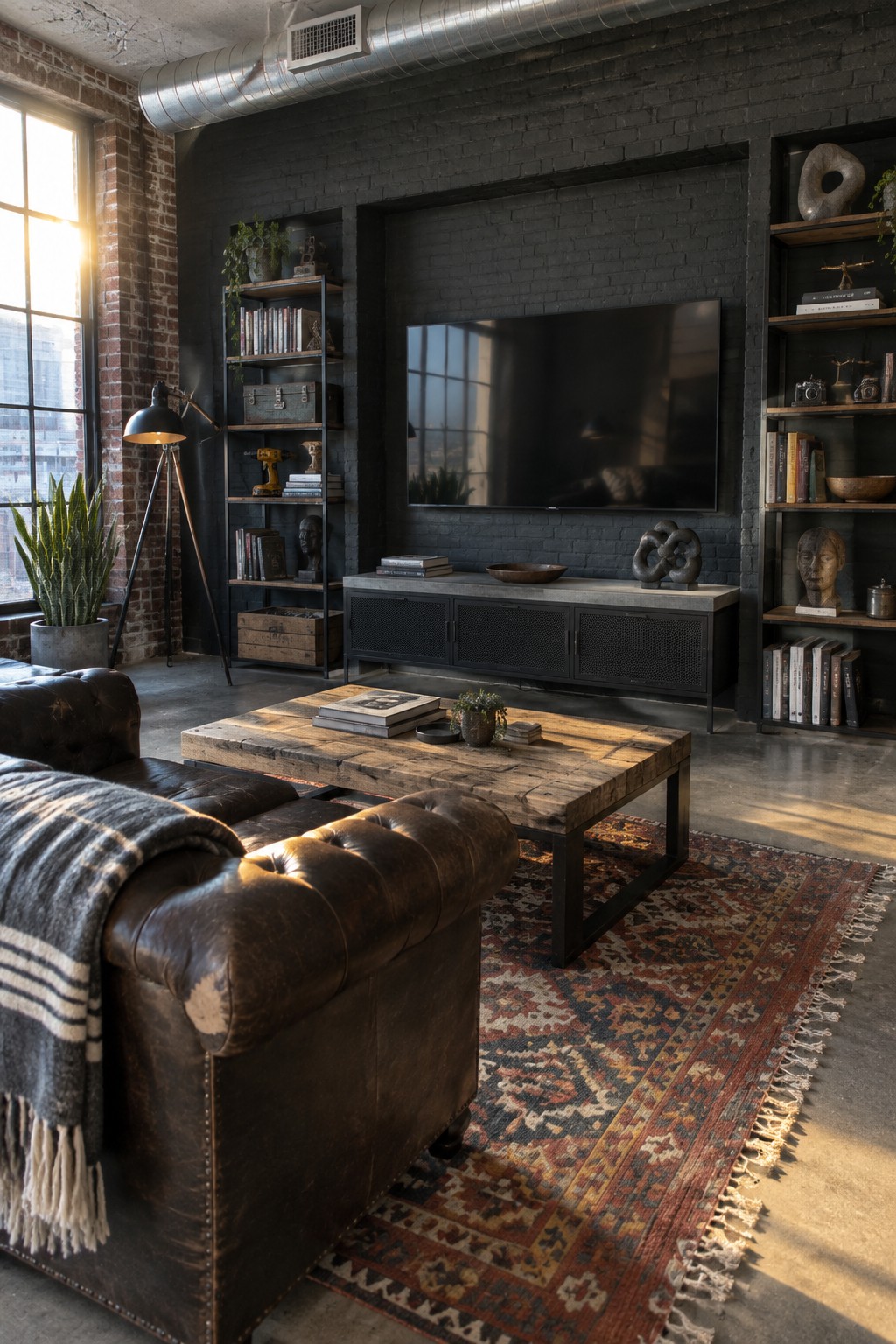 Industrial loft living room with black brick walls, leather sofa, wooden coffee table, and patterned rug