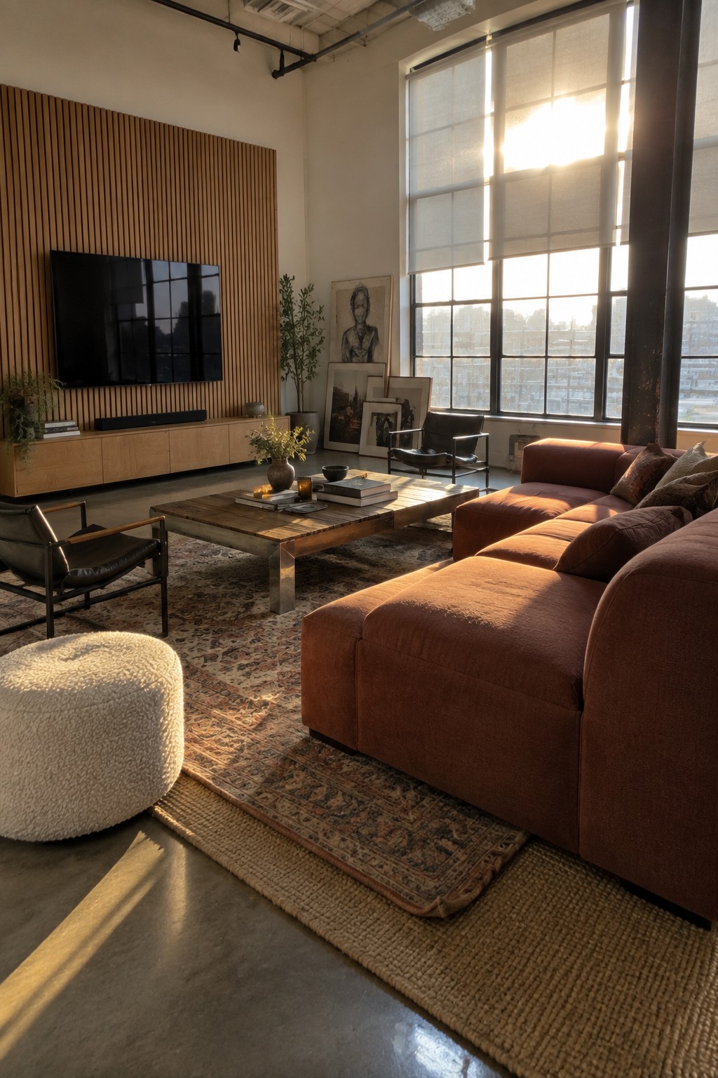 A living room with a flat screen TV mounted on a vertical wood slat wall above a light wood media console, a large rust-colored sectional sofa, a wooden coffee table on layered rugs, and two black leather chairs near large windows.