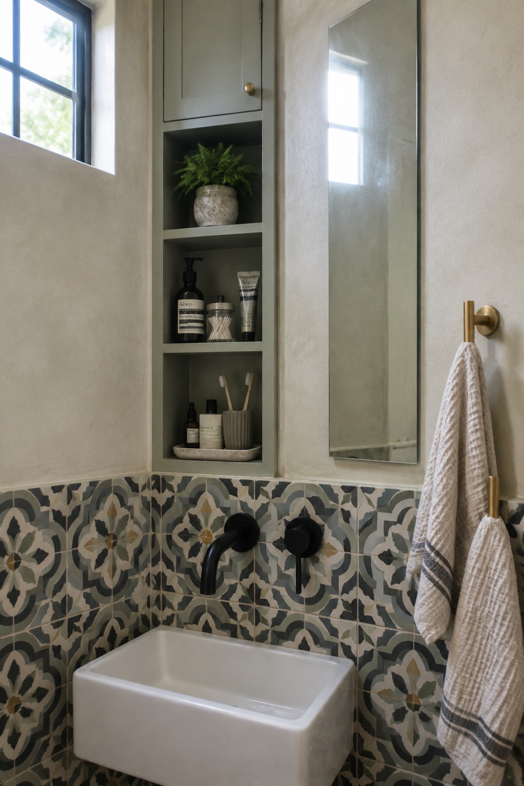 A white wall-mounted sink below a patterned tile backsplash with a tall recessed sage green cabinet featuring open shelves holding toiletries and a plant, next to a mirror and black faucet.