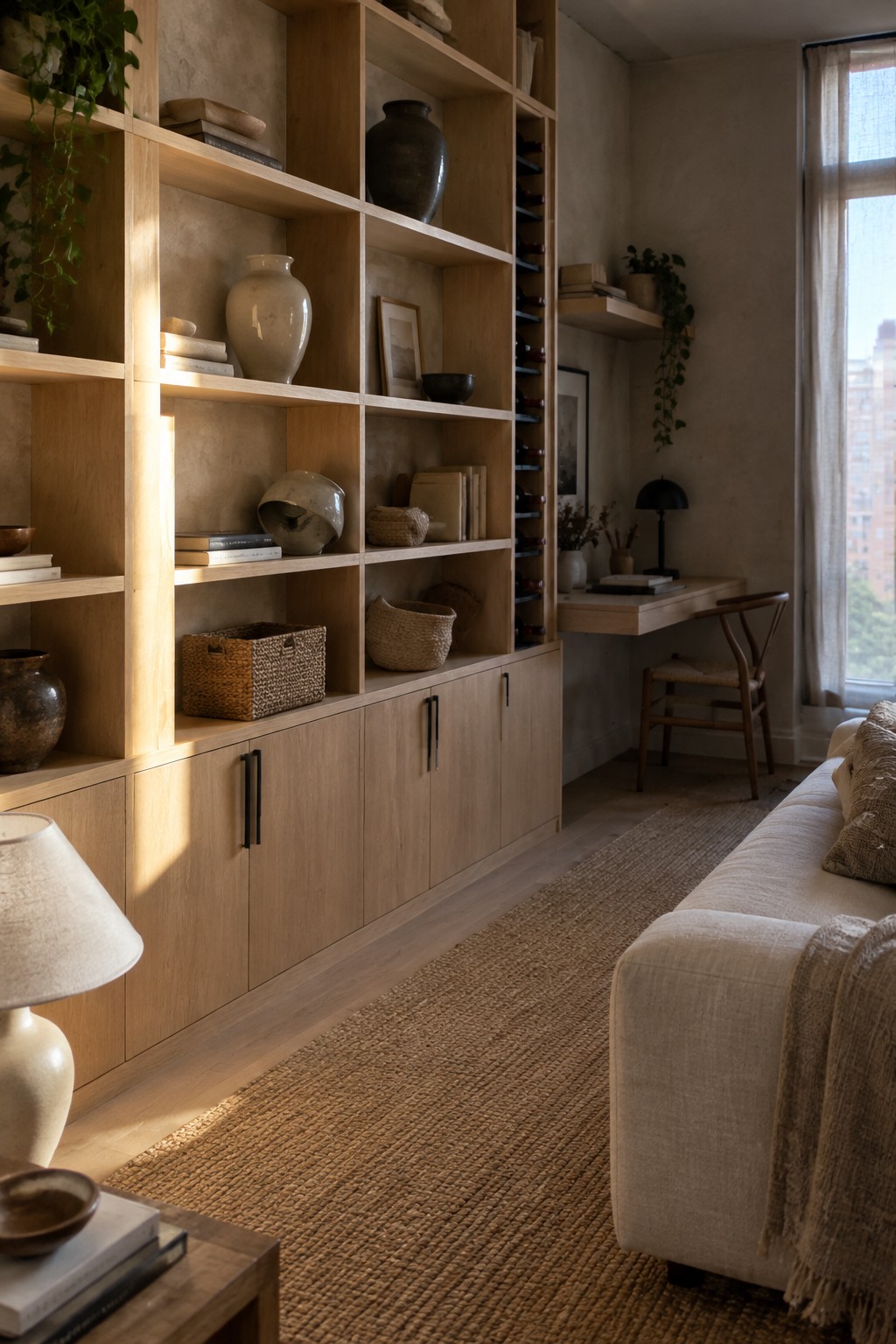 A light wood built-in shelving unit spanning a wall with open shelves above and closed cabinets below, holding books, vases, and woven baskets in a living room.