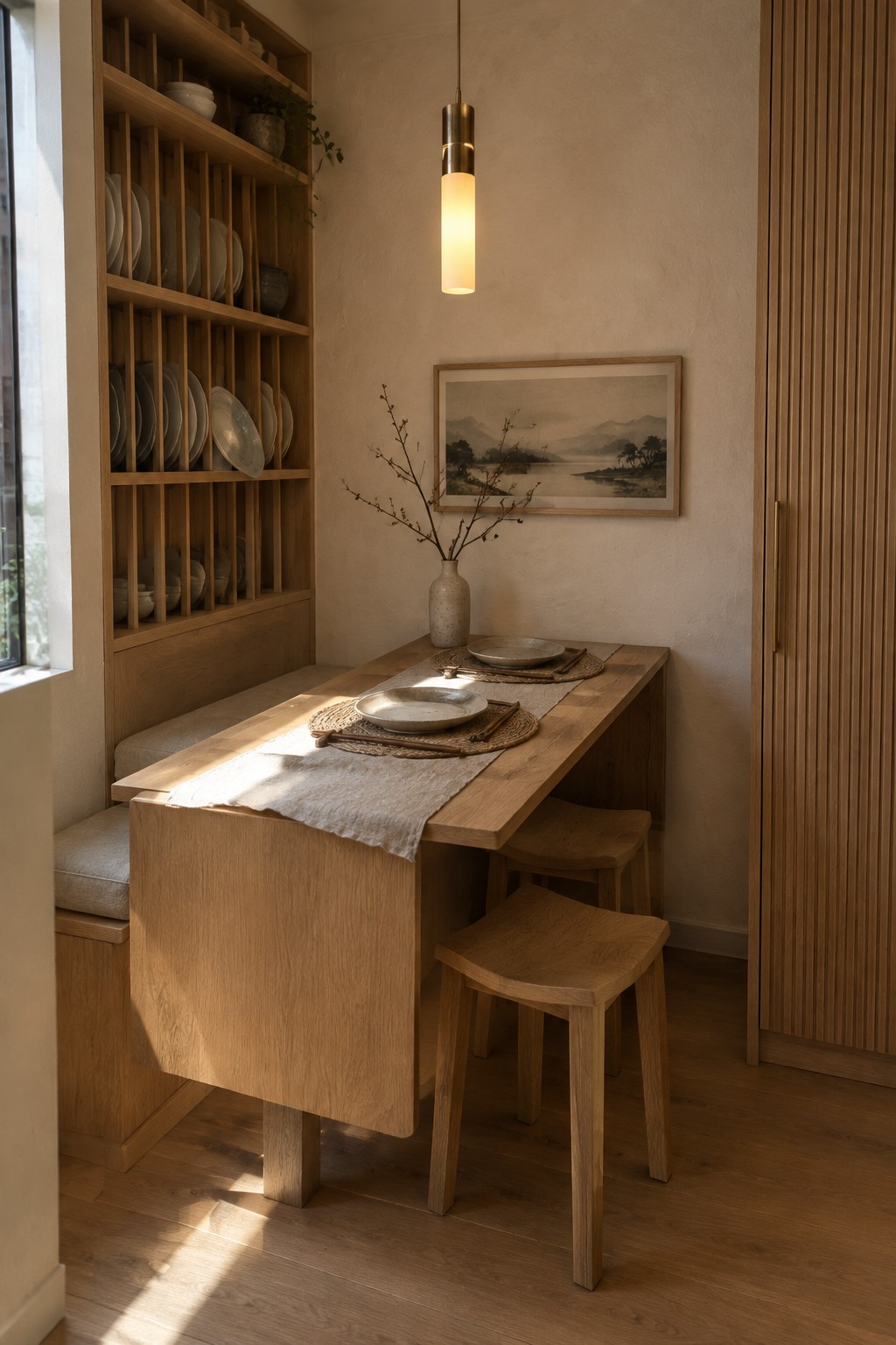 Minimalist wooden dining nook with set table, stools, open shelves, and pendant light.