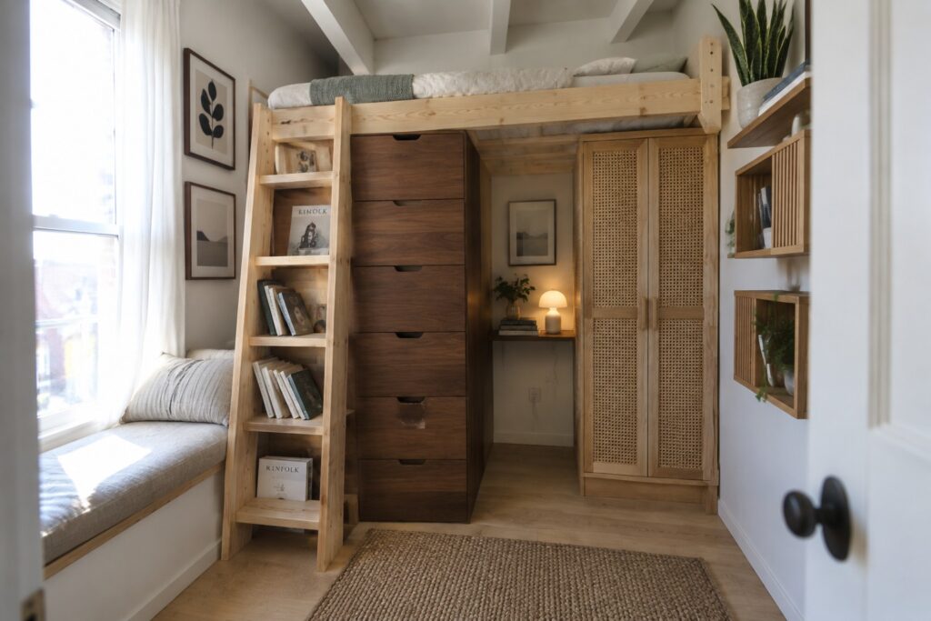 A small bedroom featuring a wooden loft bed with multiple drawers underneath, a tall bookshelf on the right, and a window seat on the left.