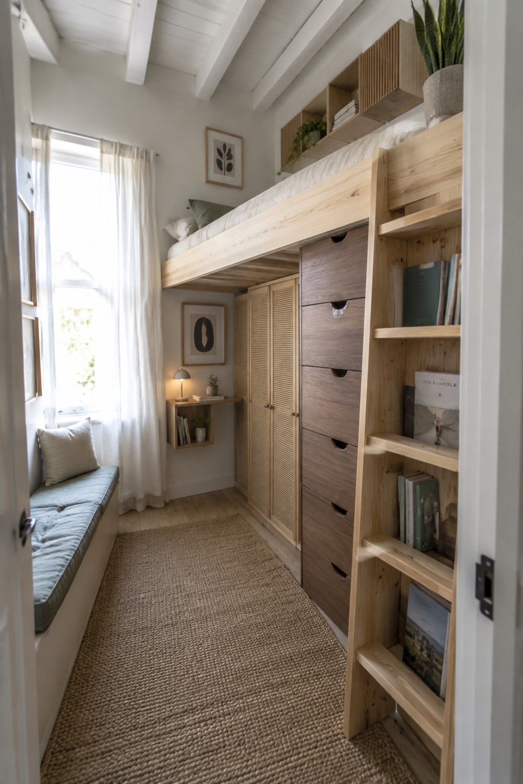 A small bedroom featuring a wooden loft bed with multiple drawers underneath, a tall bookshelf on the right, and a window seat on the left.