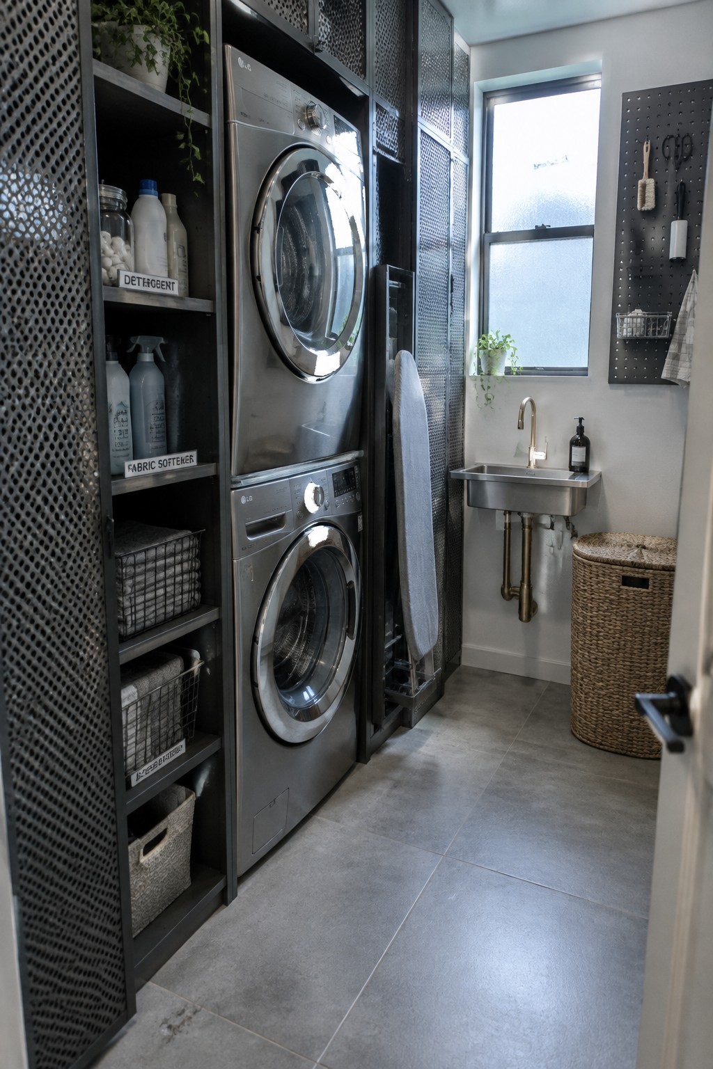 A compact laundry room featuring a stacked front-loading washer and dryer set within dark open shelving, a utility sink beneath a window, and a woven laundry basket on the floor.