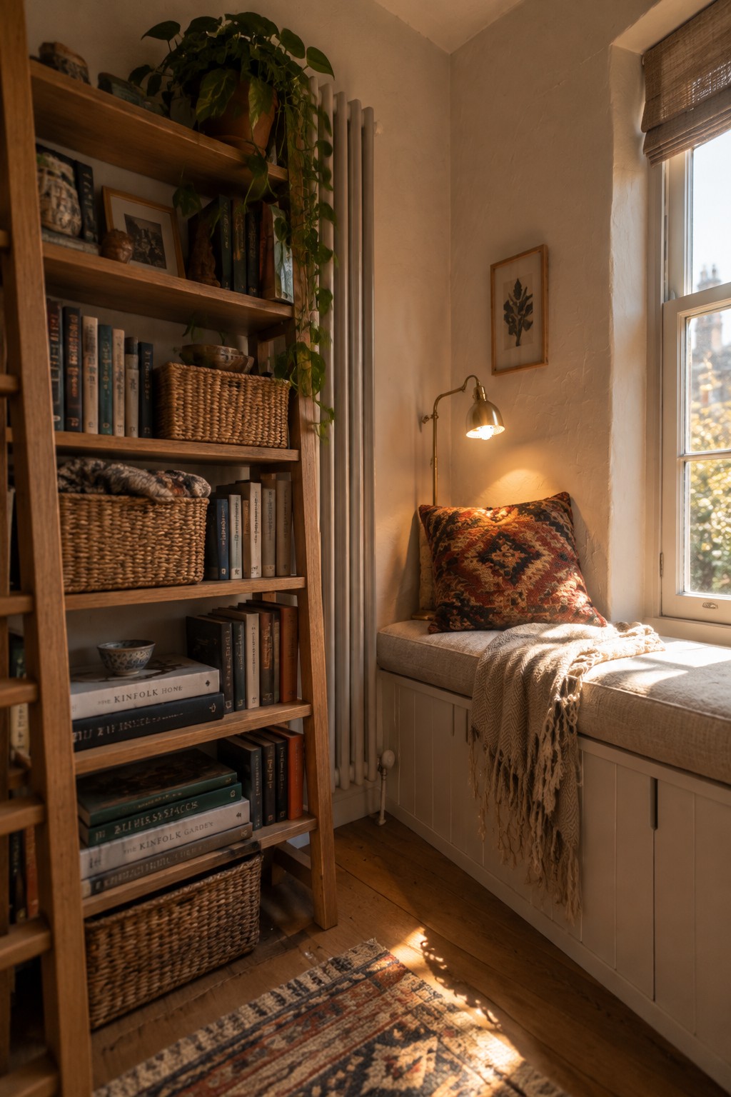 A tall wooden bookshelf filled with books and woven baskets stands next to a window seat with a patterned pillow and throw in a small room.