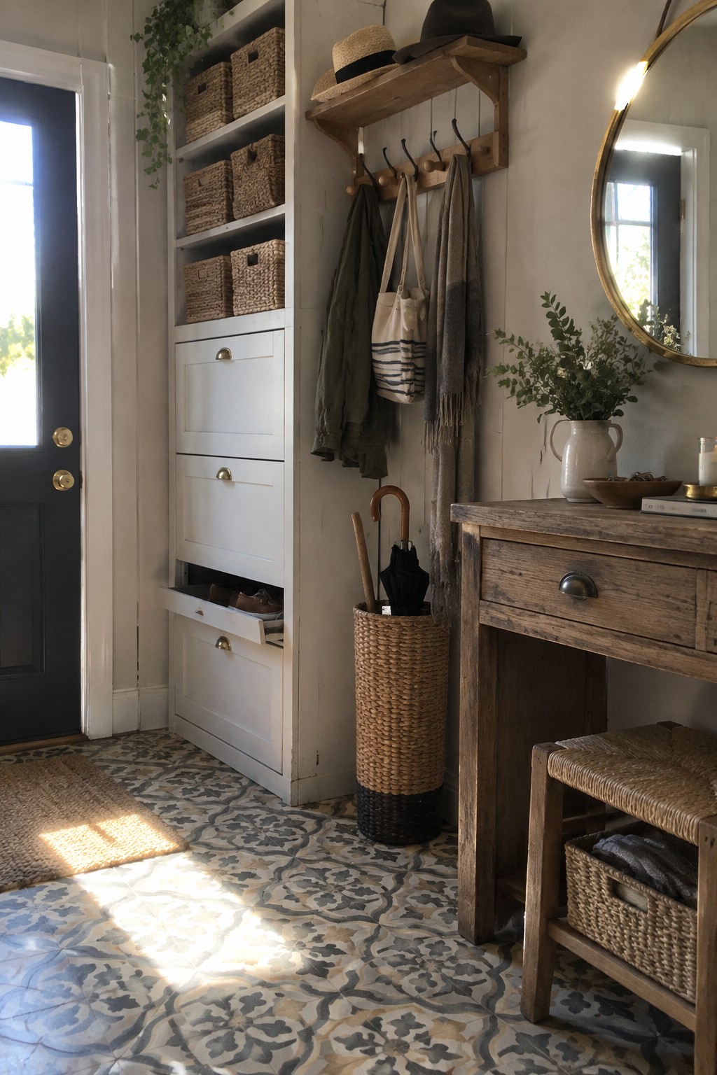 A narrow entryway features a tall white built-in cabinet with shelves, drawers, and wall hooks above, paired with a wooden console table and woven storage pieces on patterned tile.