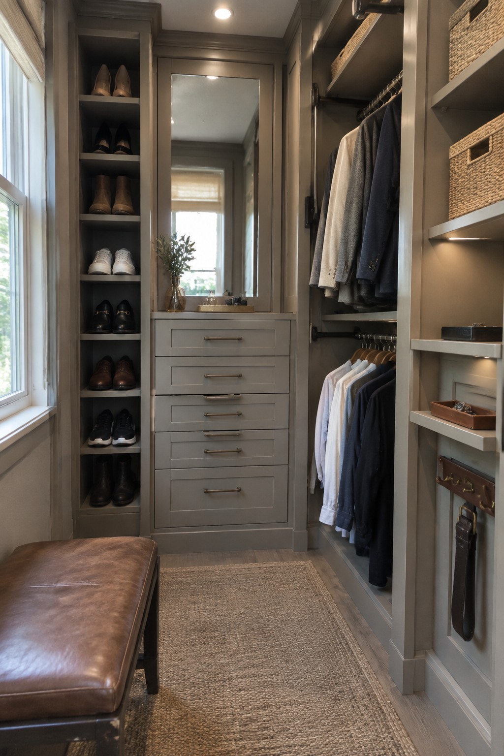 A narrow walk-in closet featuring gray built-in cabinetry with multiple drawers, open shoe shelving on the left wall, hanging rods with clothing on the right, and a brown leather bench on a woven rug.