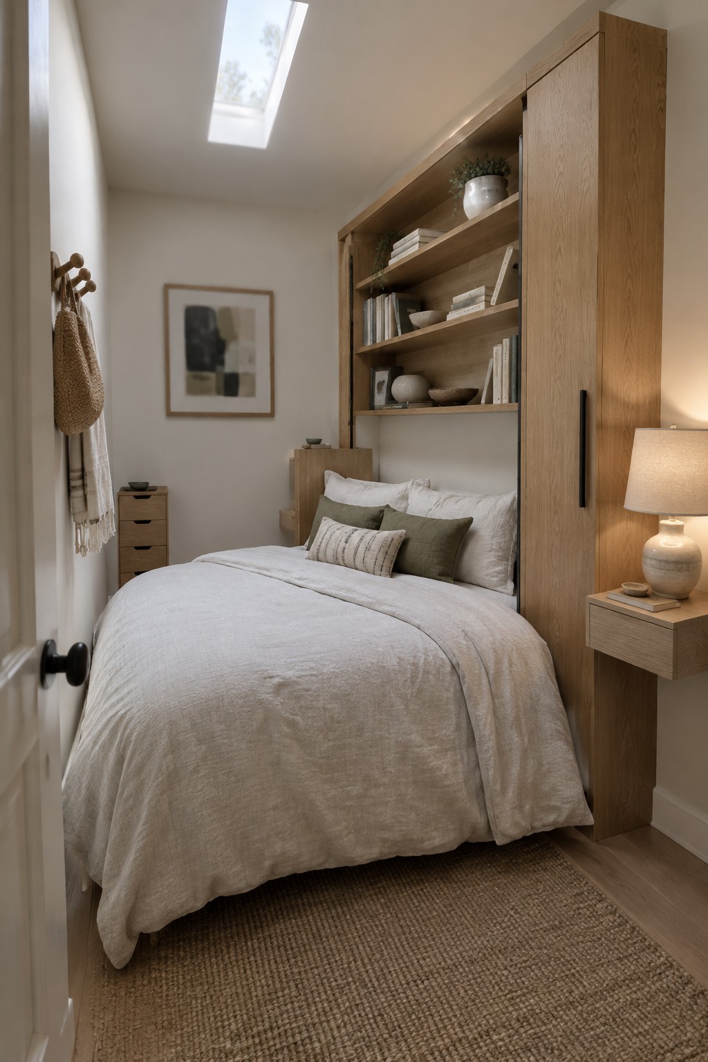 A compact bedroom with a bed tucked under built-in wooden shelves and a tall cabinet, with a woven rug and a wall-mounted nightstand.