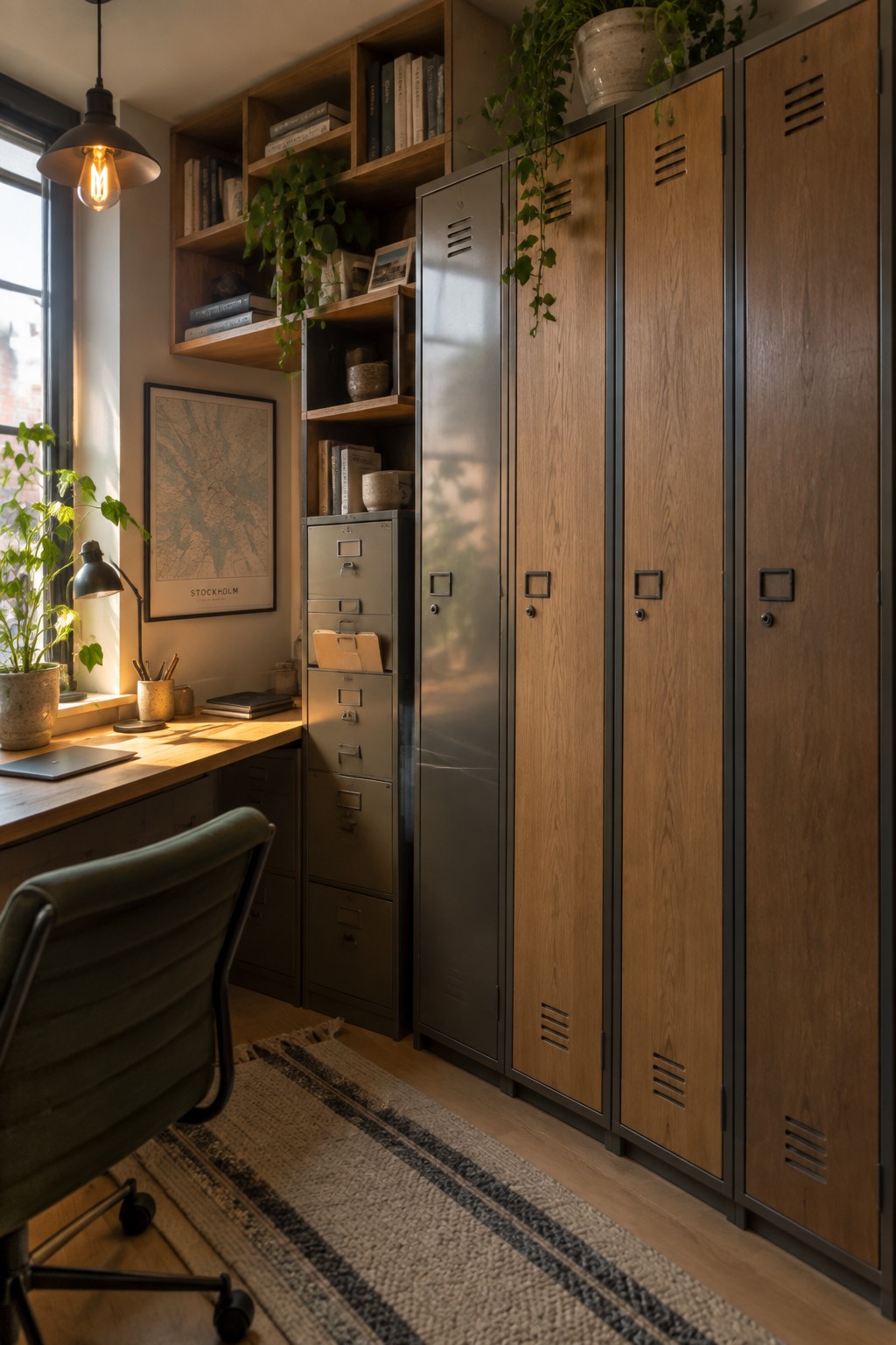 A home office with tall wooden lockers, open wooden shelves holding books and plants, a filing cabinet, and a wooden desk with a green chair.