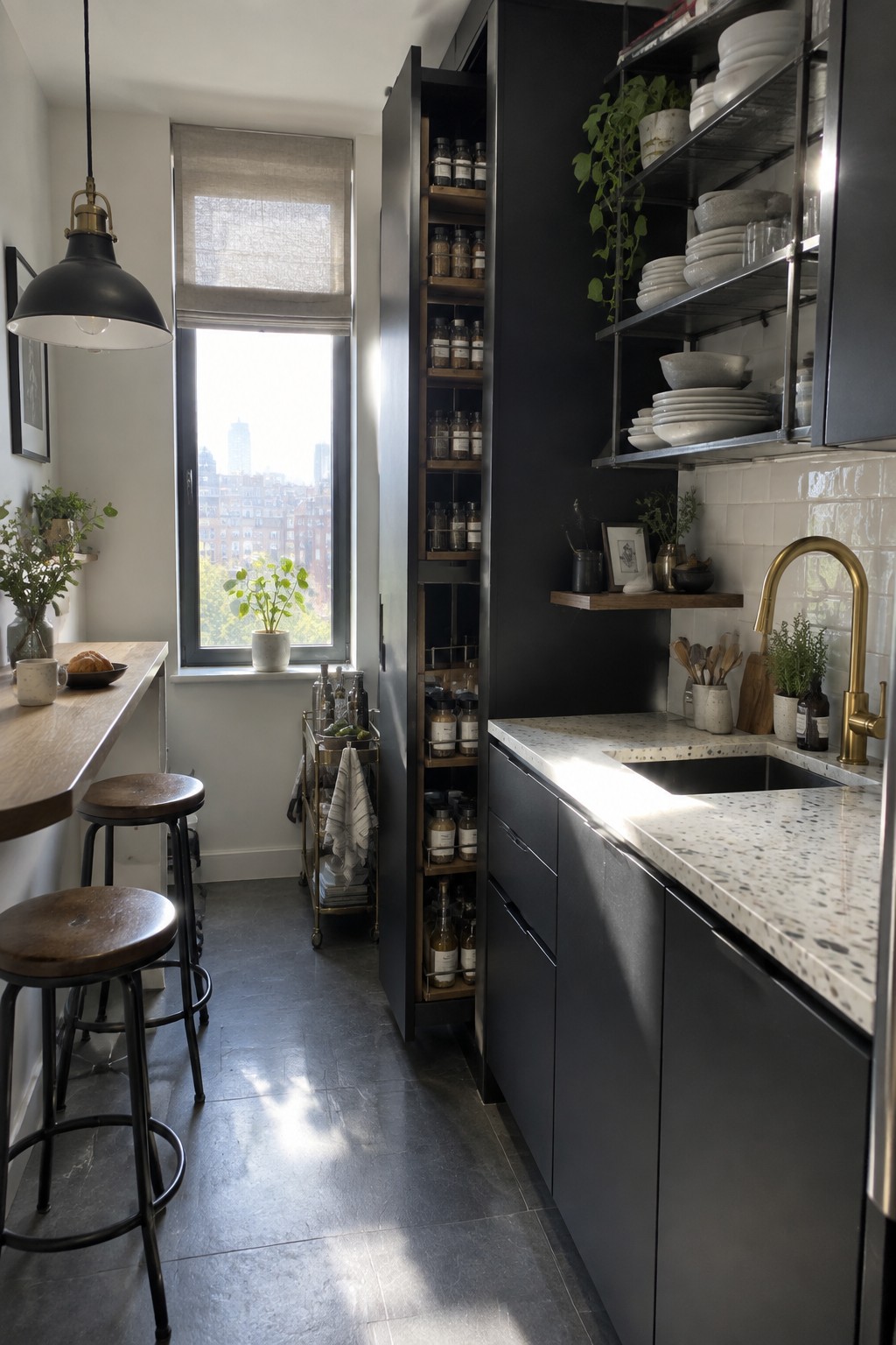 A compact kitchen with a tall open black cabinet filled with rows of glass jars and bottles, next to a white speckled countertop and brass faucet.