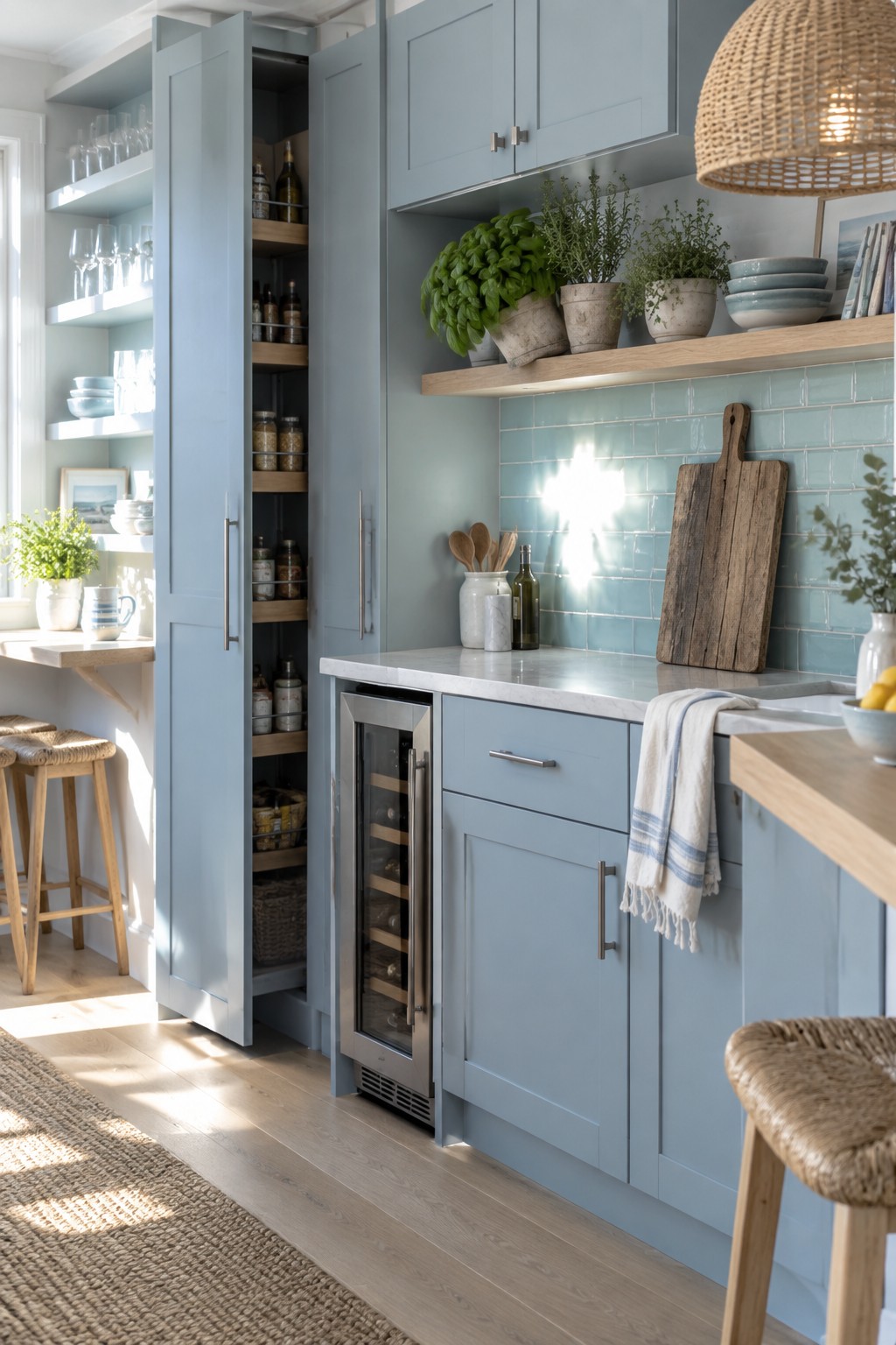 A kitchen interior with light blue cabinets showing a tall open pantry cabinet with multiple shelves holding jars, bottles, and baskets, beside a built-in wine refrigerator under a marble countertop.