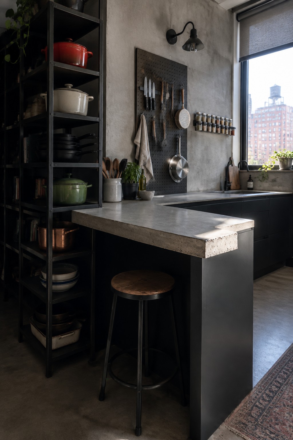 A kitchen with a tall black metal shelving unit filled with cookware beside a concrete island and wooden stool.