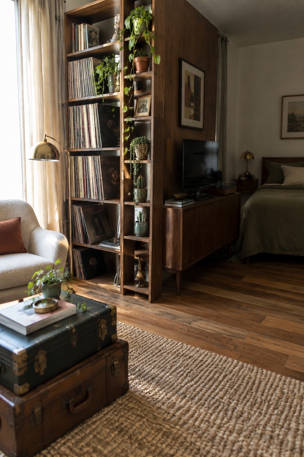 A tall dark wood shelving unit filled with vinyl records and potted plants stands beside a lower media console with a television in a living room with wood floors and a jute rug.