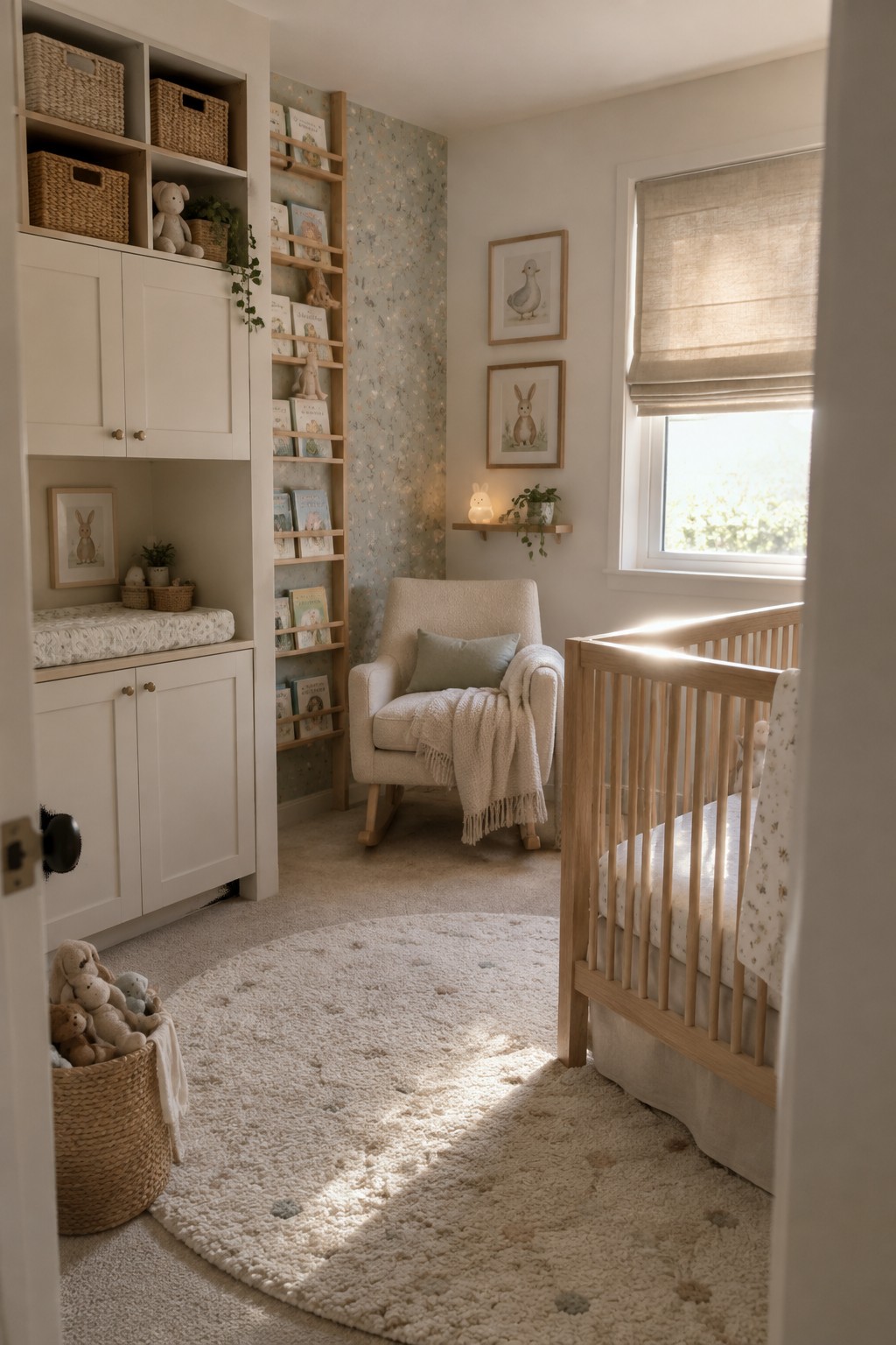 A bright child's bedroom with white built-in cabinetry and tall open shelving units holding baskets, books, and small toys, next to a wooden crib and rocking chair.