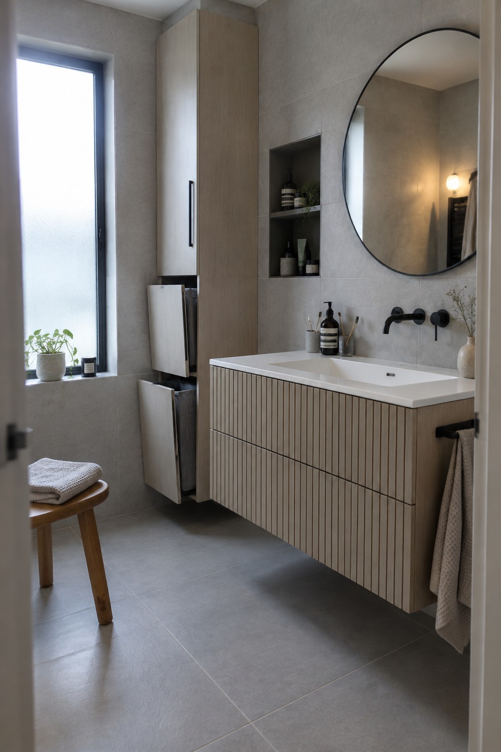 Modern bathroom with light wood floating vanity, white sink, round mirror, gray tiles