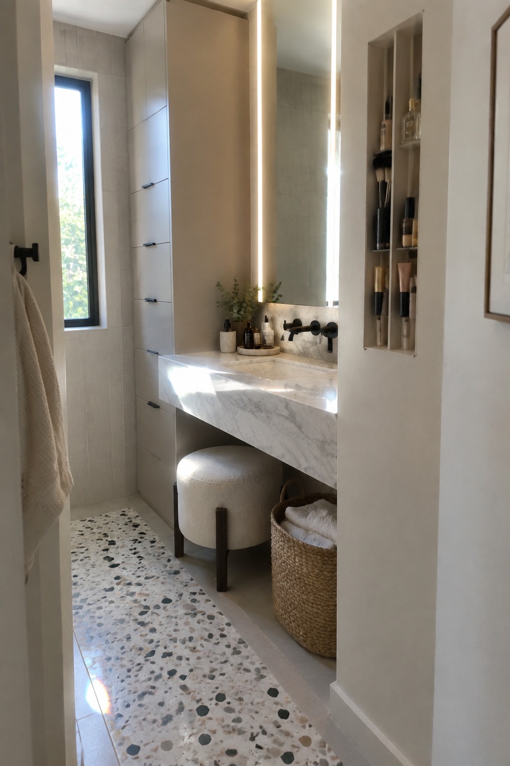 A narrow bathroom features a tall vertical cabinet on the left, a floating marble vanity with a round stool underneath, and a recessed shelving niche on the right wall.