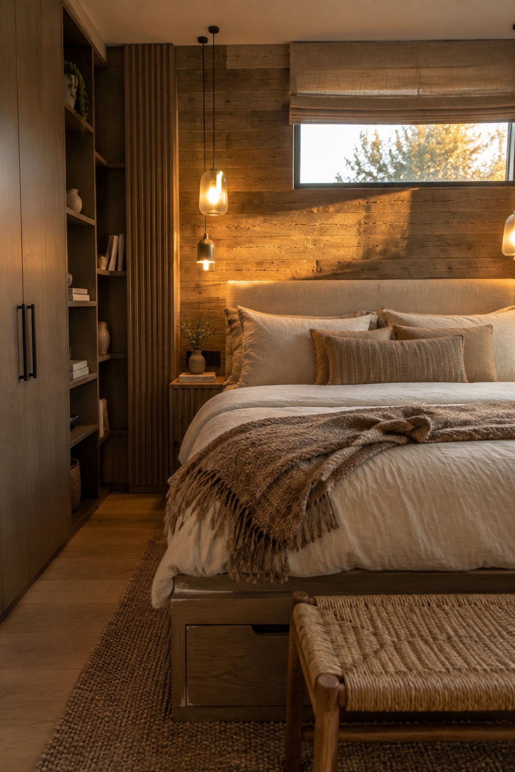 A bedroom with a tall wooden storage cabinet featuring both closed doors and open shelves on the left side of the bed.