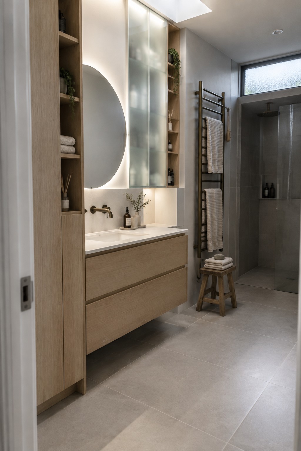 Modern bathroom with light wood vanity, round backlit mirror, brass towel rack, gray tiles