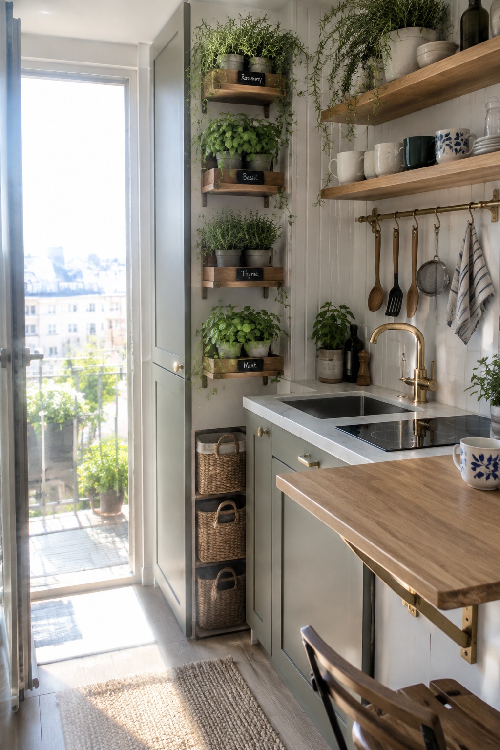 A compact kitchen with sage green cabinets, wooden wall shelves holding potted herbs and mugs, a brass hanging rail with utensils, and a sink area beside an open door to a balcony.